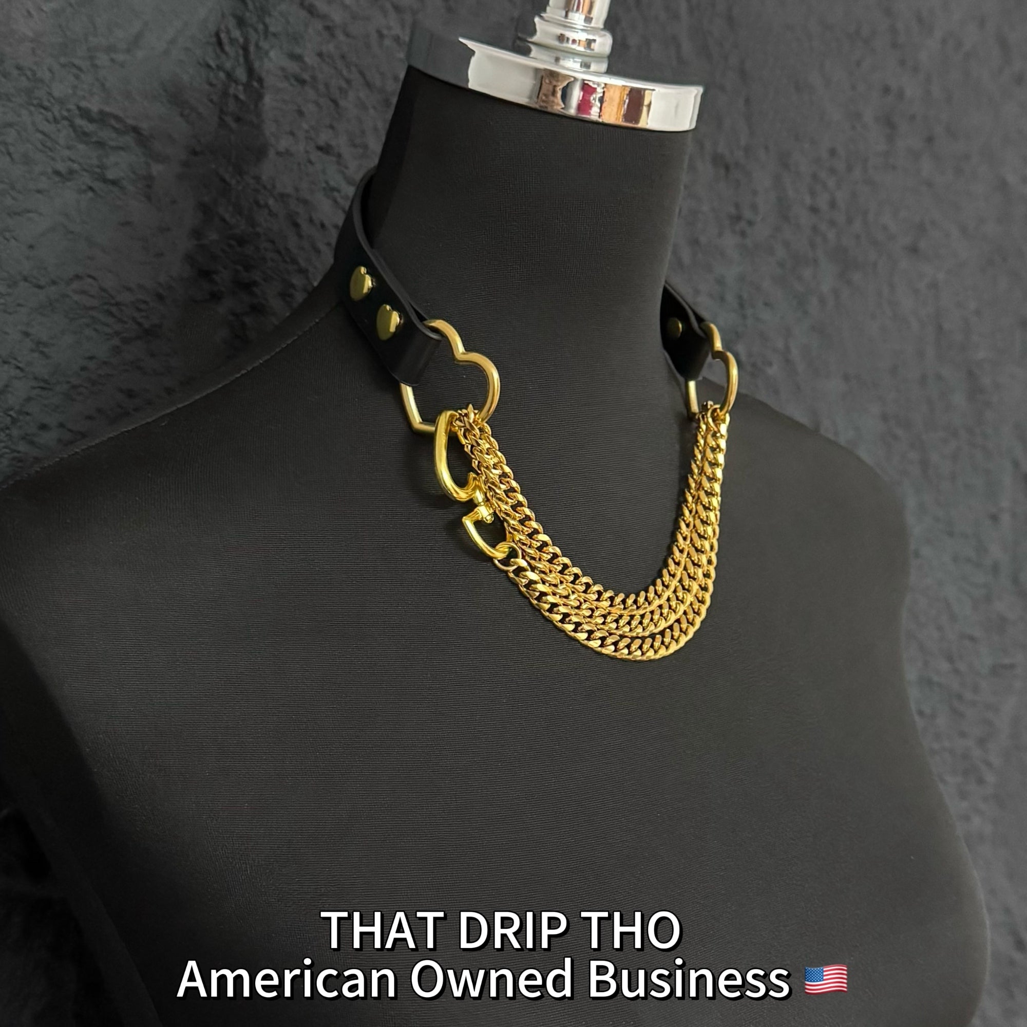 Luxe Chain (Fashion Layered Chain Leather Choker Necklace) (Black Leather- Gold Chain with Heart)
