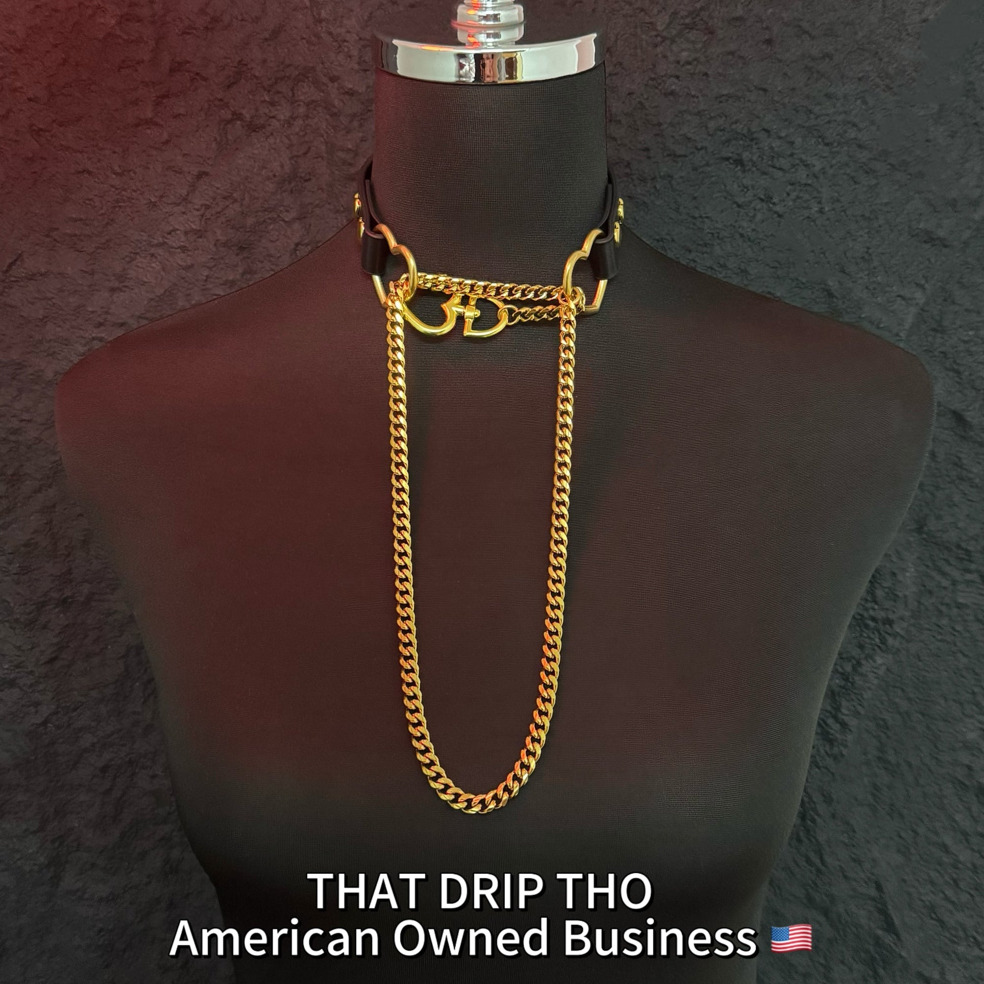 Luxe Chain (Fashion Layered Chain Leather Choker Necklace) (Black Leather- Gold Chain with Heart)