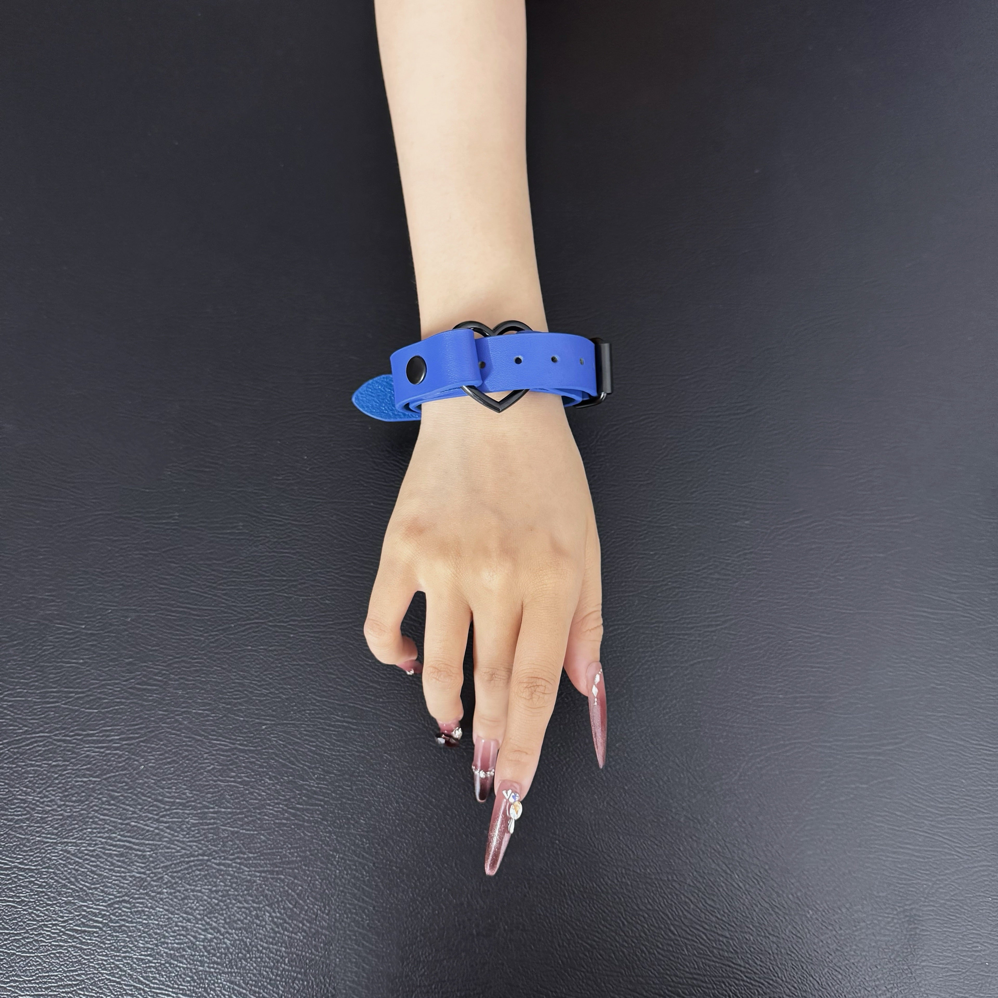 Luxe Chain( 3 in 1 Convertible Leather Bracelet, Handcuffs & Choker Necklace) ( Blue Leather with Heart)