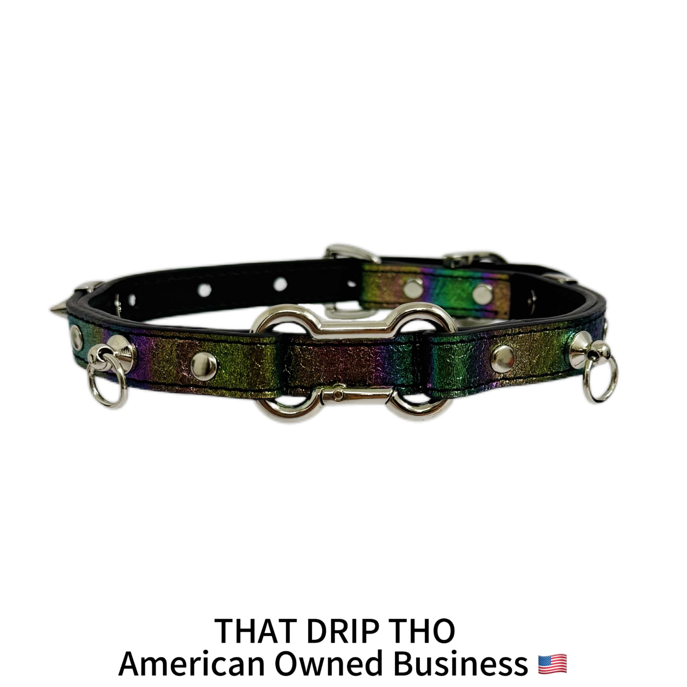 Iridescent Leather Choker with Dog Bone Ring