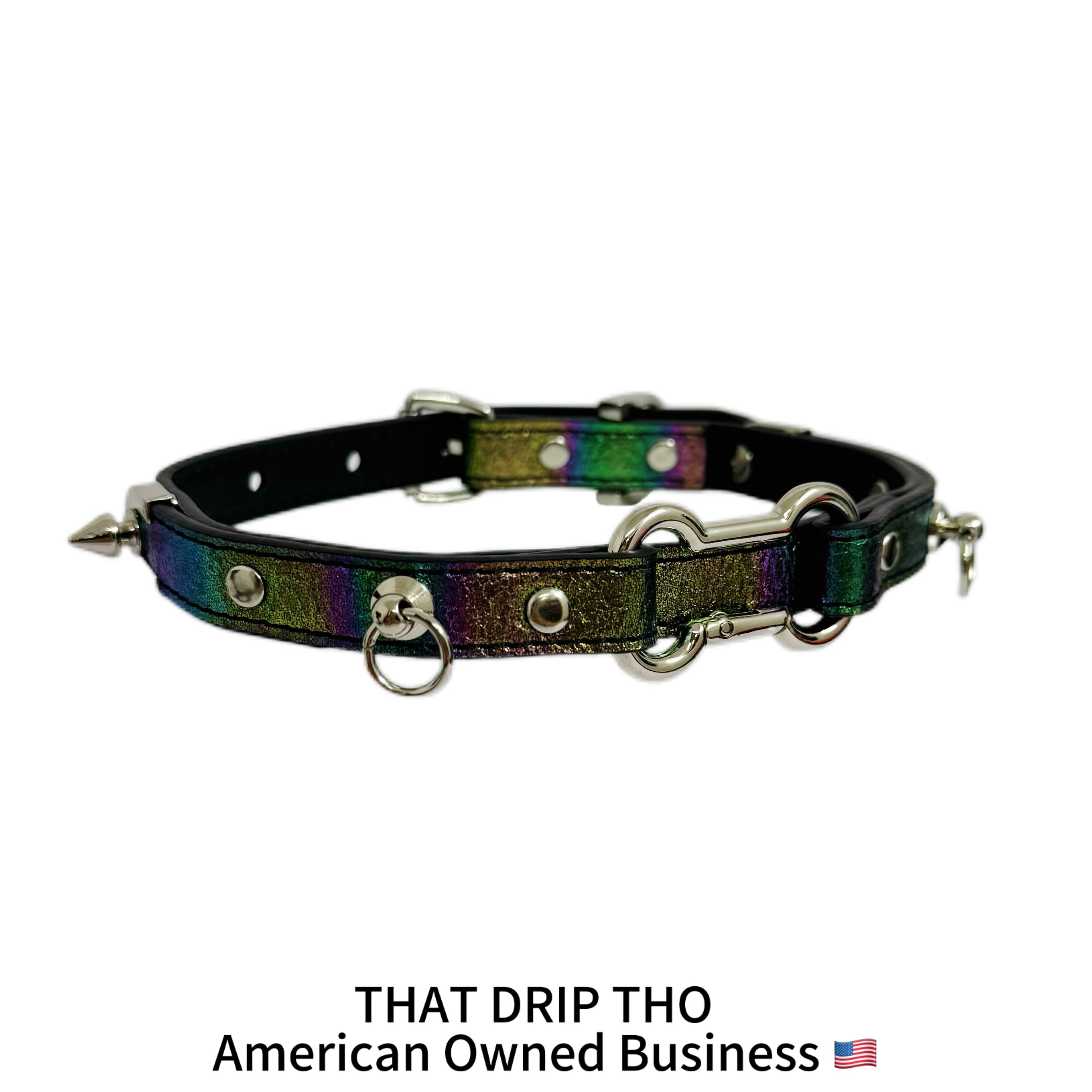 Iridescent Leather Choker with Dog Bone Ring