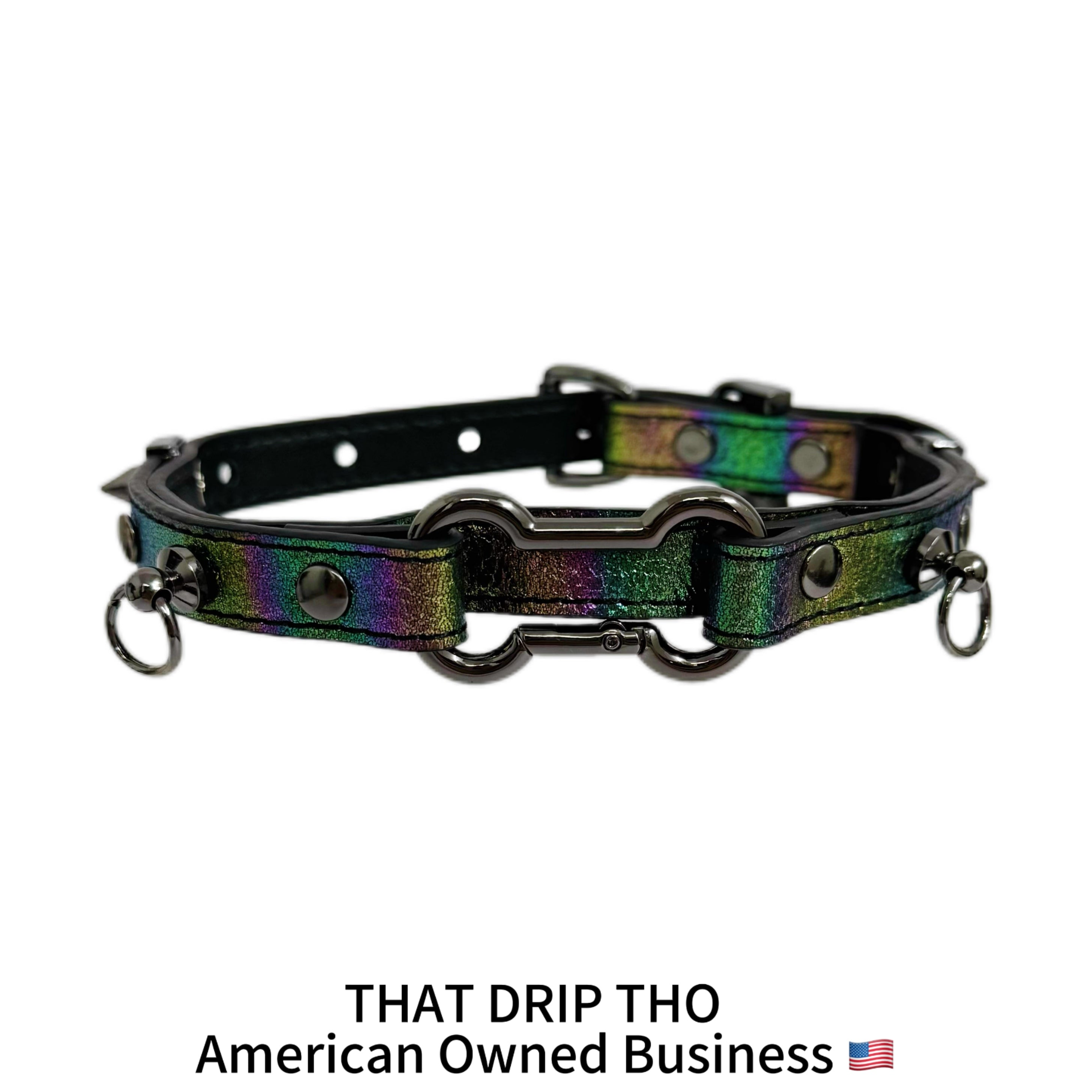 Iridescent Leather Choker with Dog Bone Ring