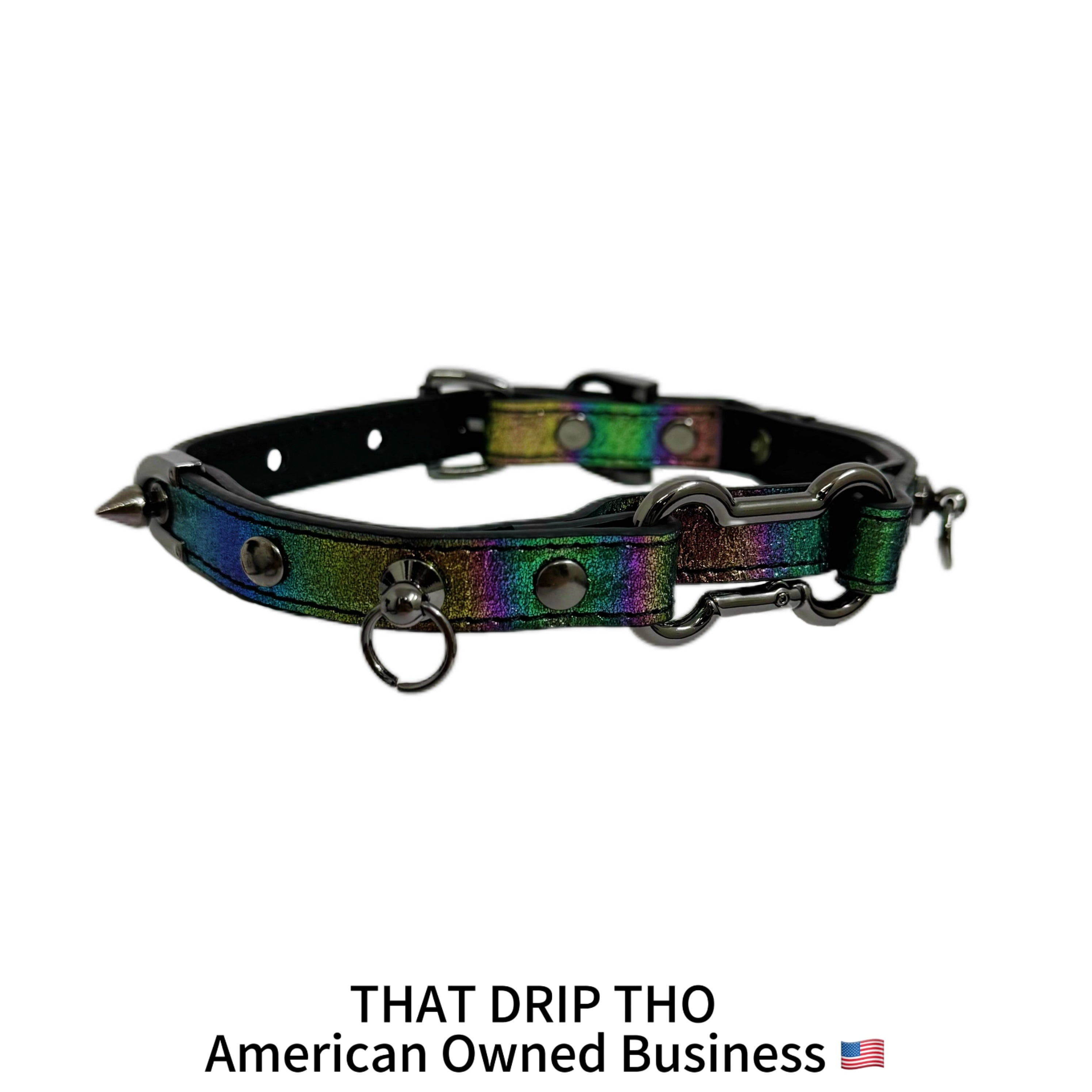 Iridescent Leather Choker with Dog Bone Ring