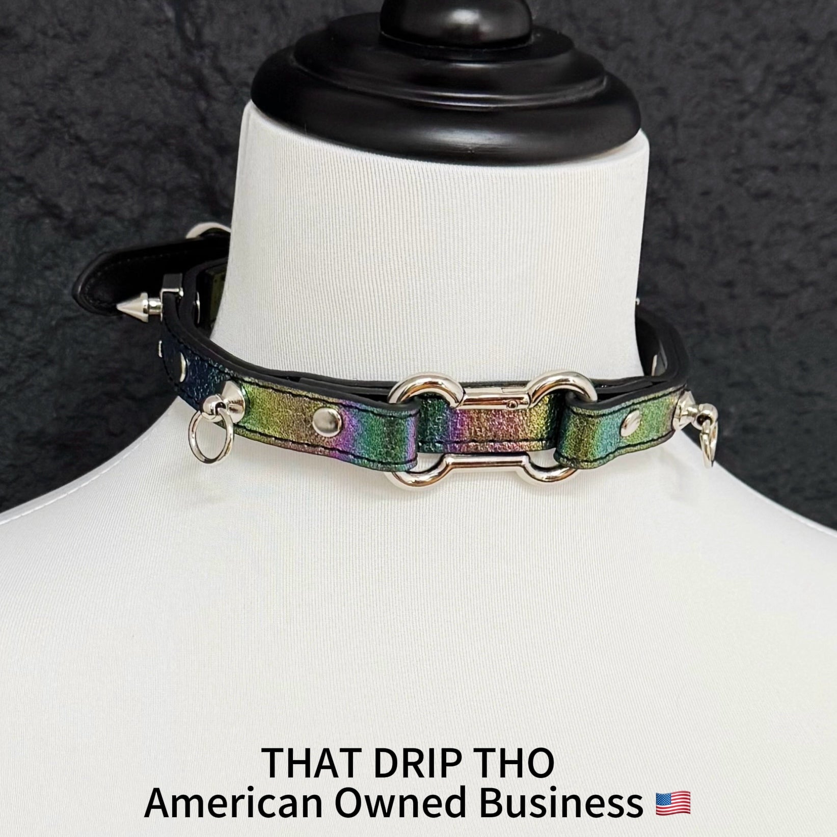 Iridescent Leather Choker with Dog Bone Ring