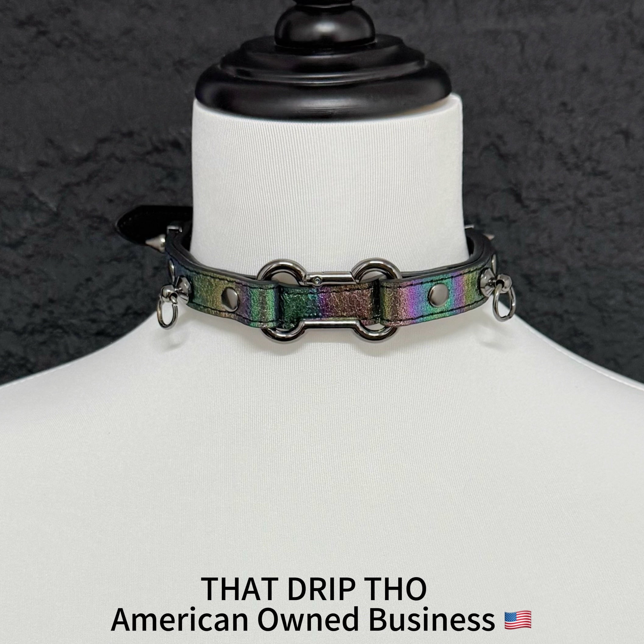 Iridescent Leather Choker with Dog Bone Ring