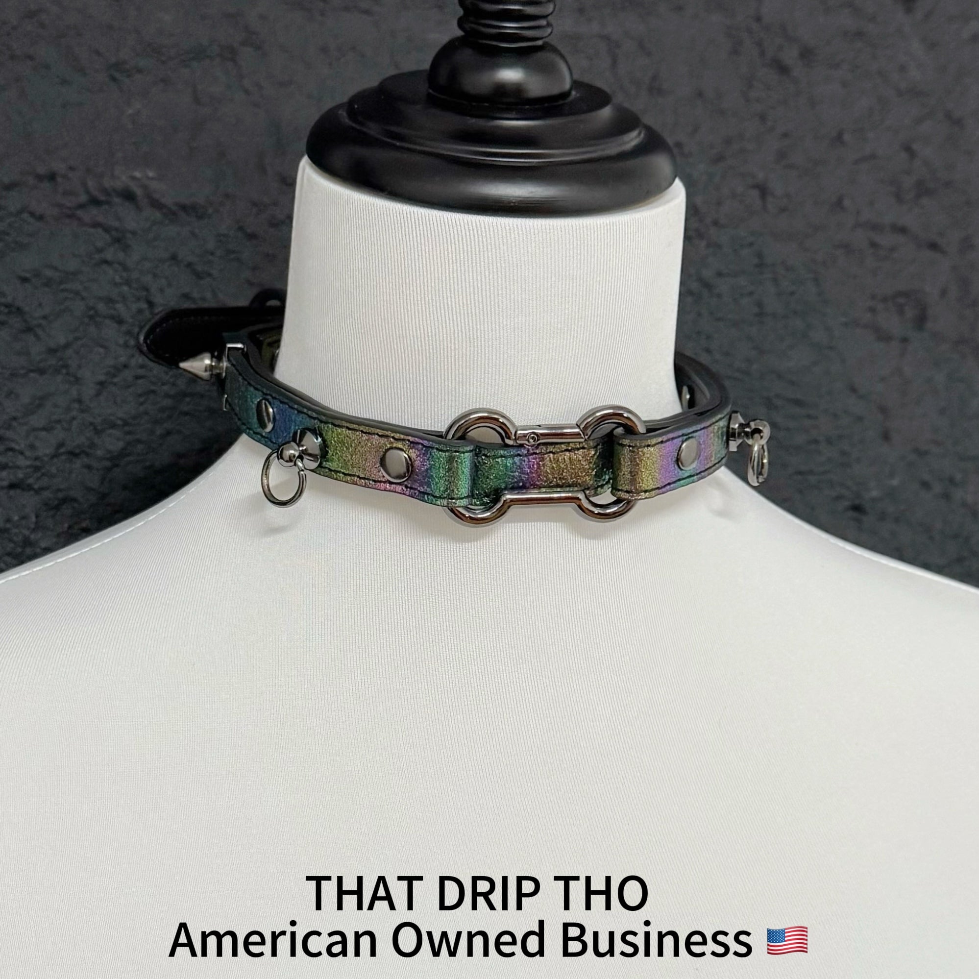 Iridescent Leather Choker with Dog Bone Ring