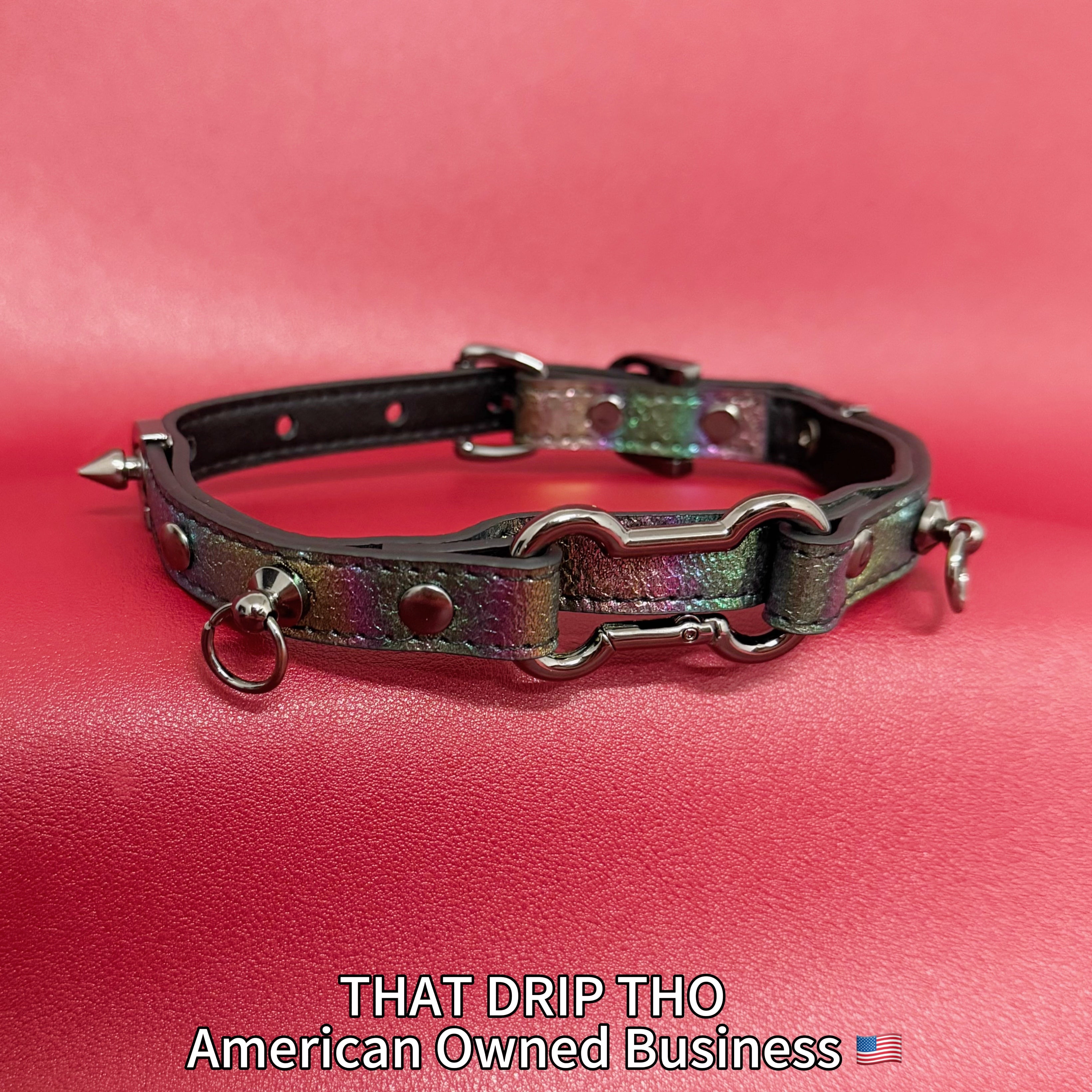 Iridescent Leather Choker with Dog Bone Ring