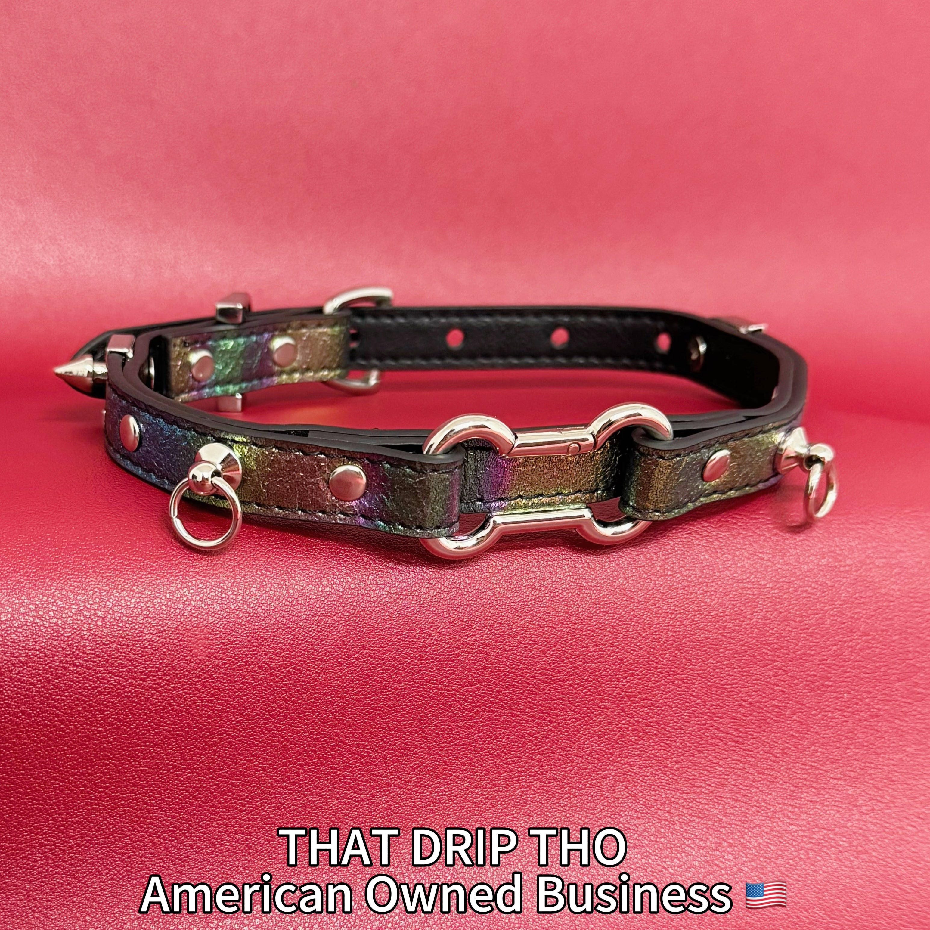 Iridescent Leather Choker with Dog Bone Ring