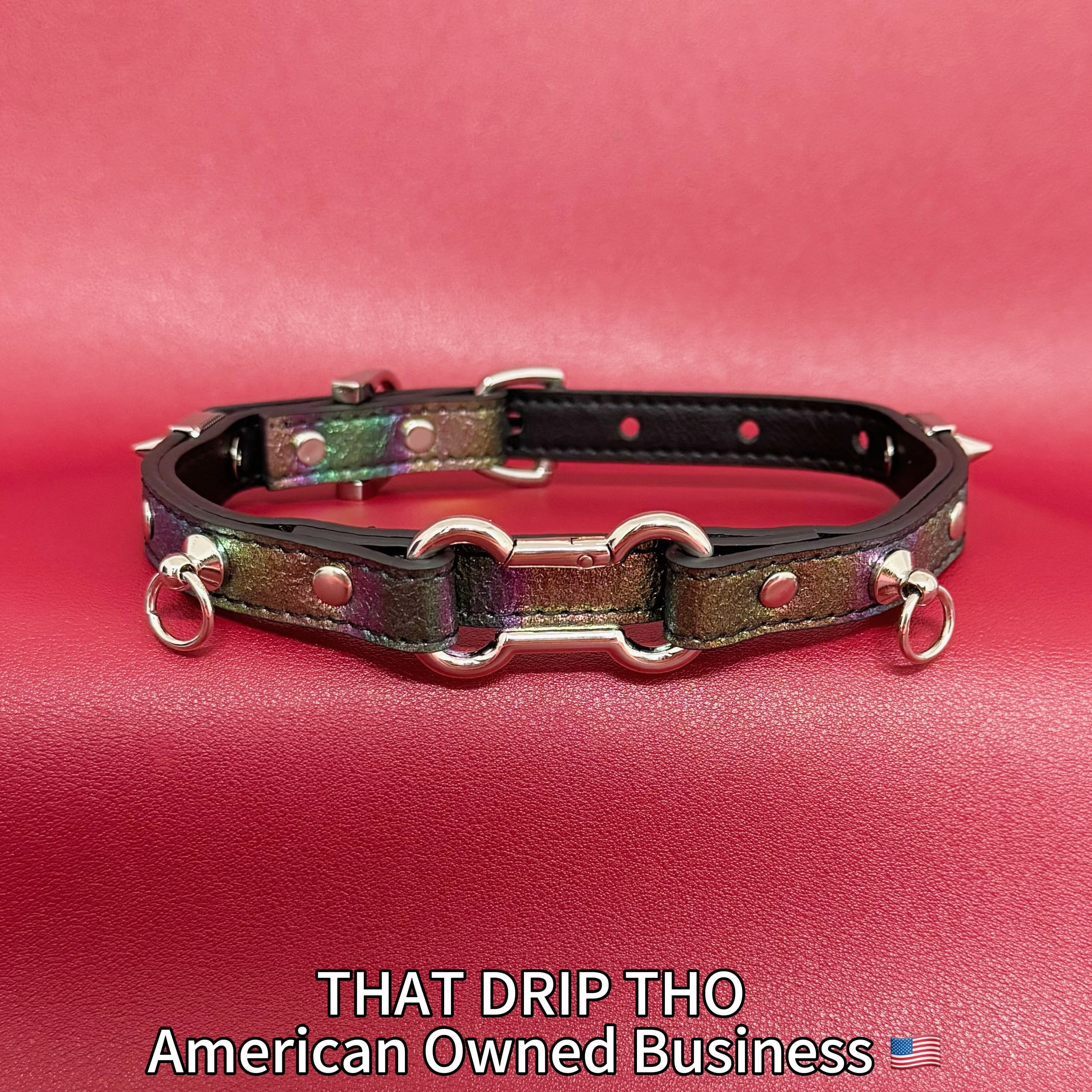 Iridescent Leather Choker with Dog Bone Ring
