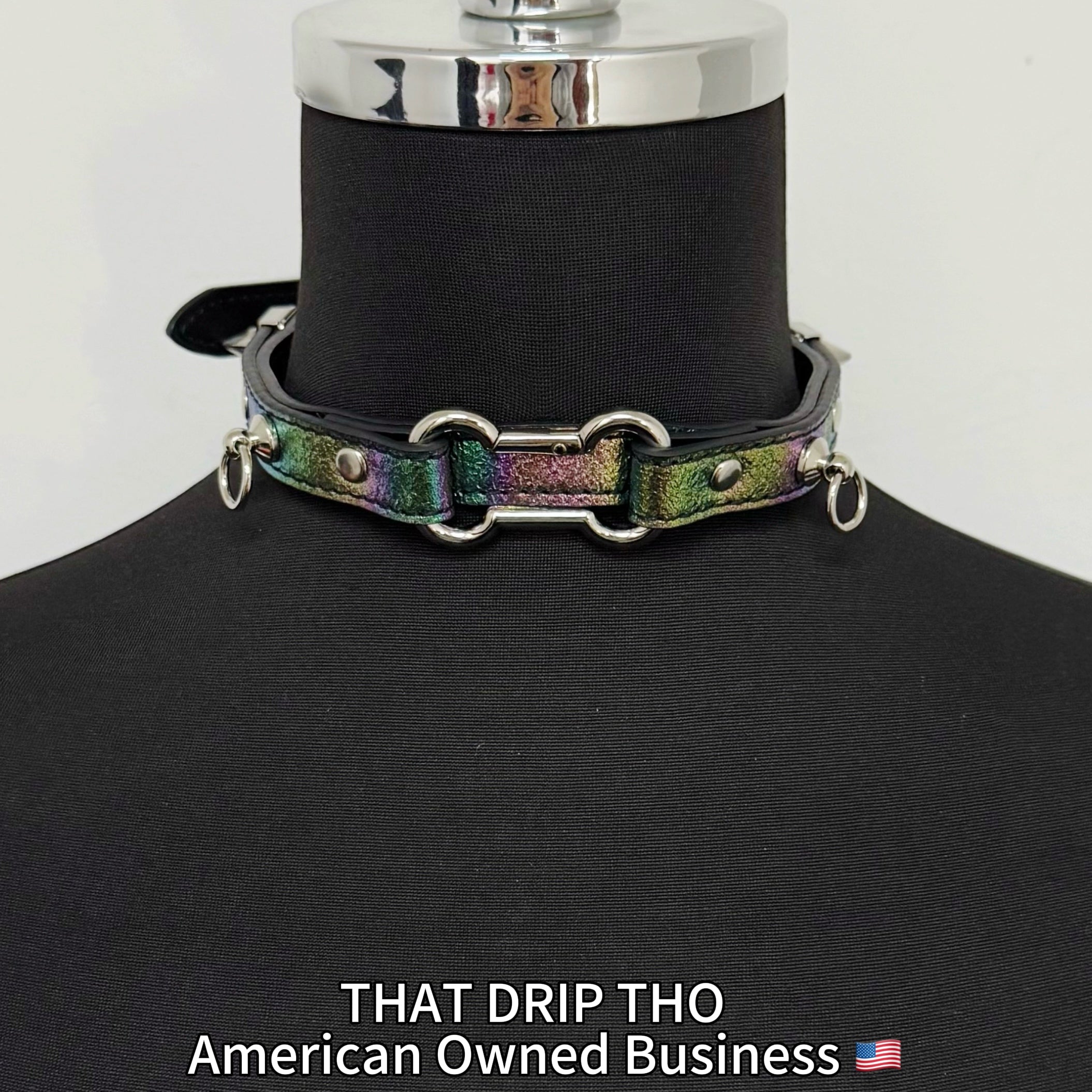 Iridescent Leather Choker with Dog Bone Ring