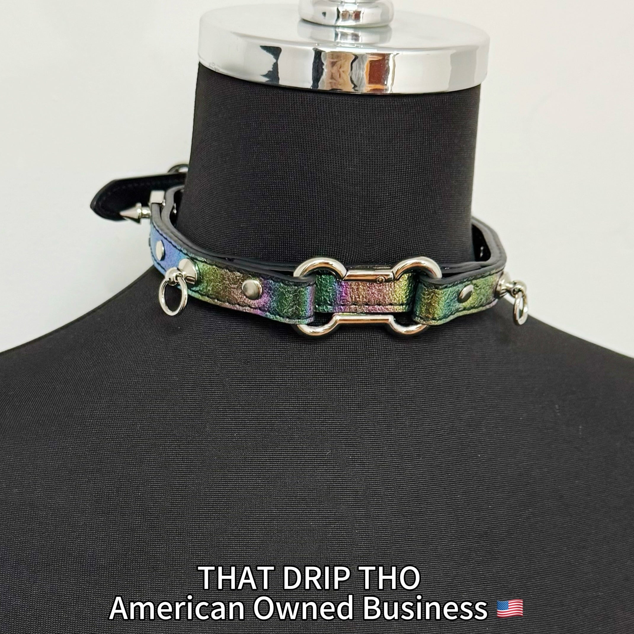 Iridescent Leather Choker with Dog Bone Ring