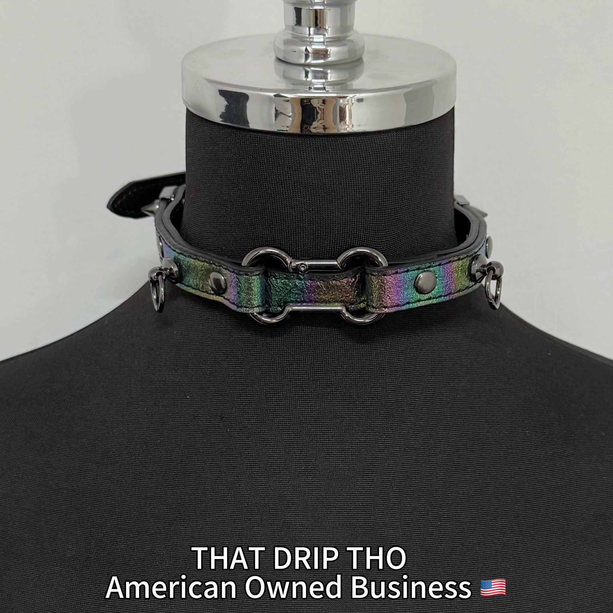 Iridescent Leather Choker with Dog Bone Ring