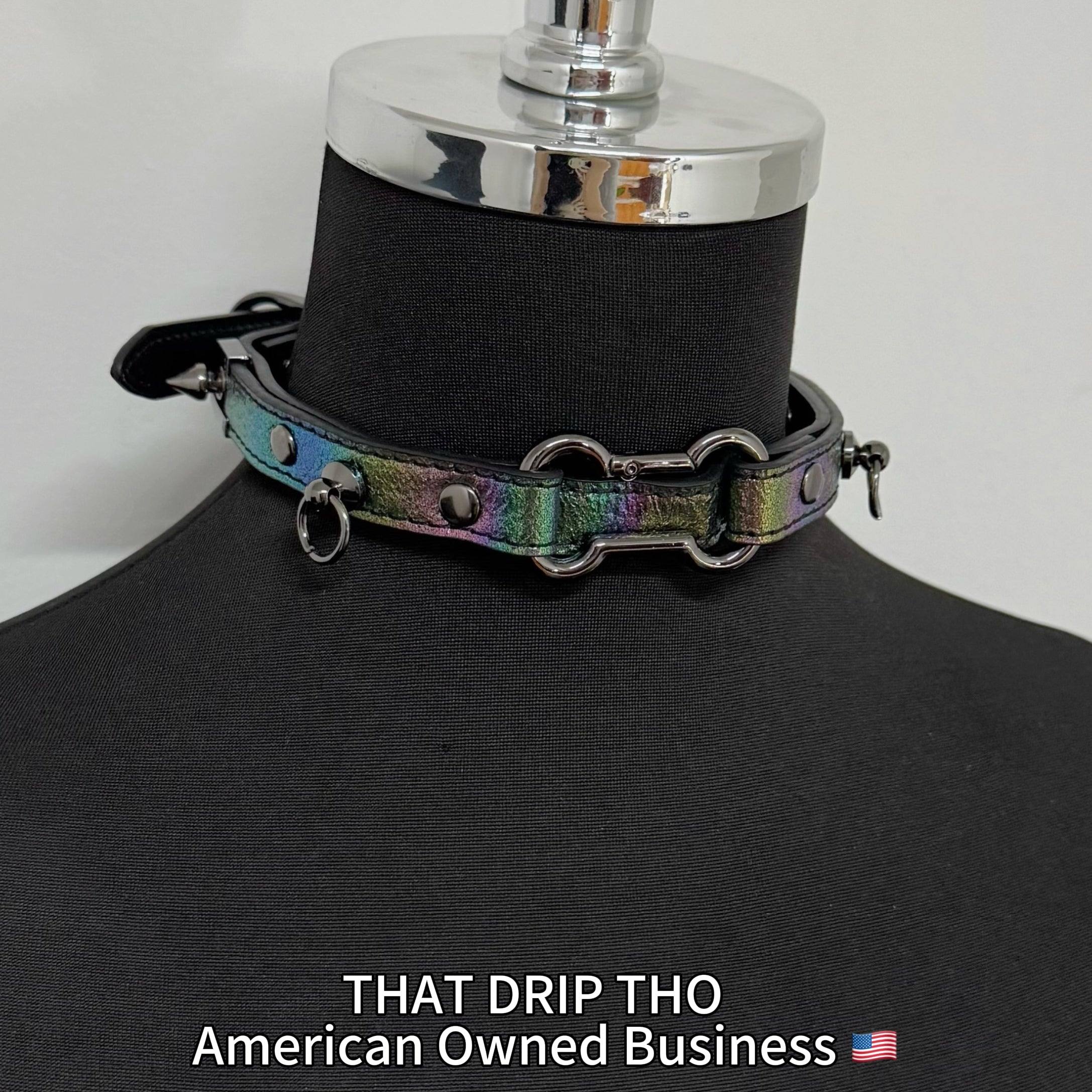 Iridescent Leather Choker with Dog Bone Ring