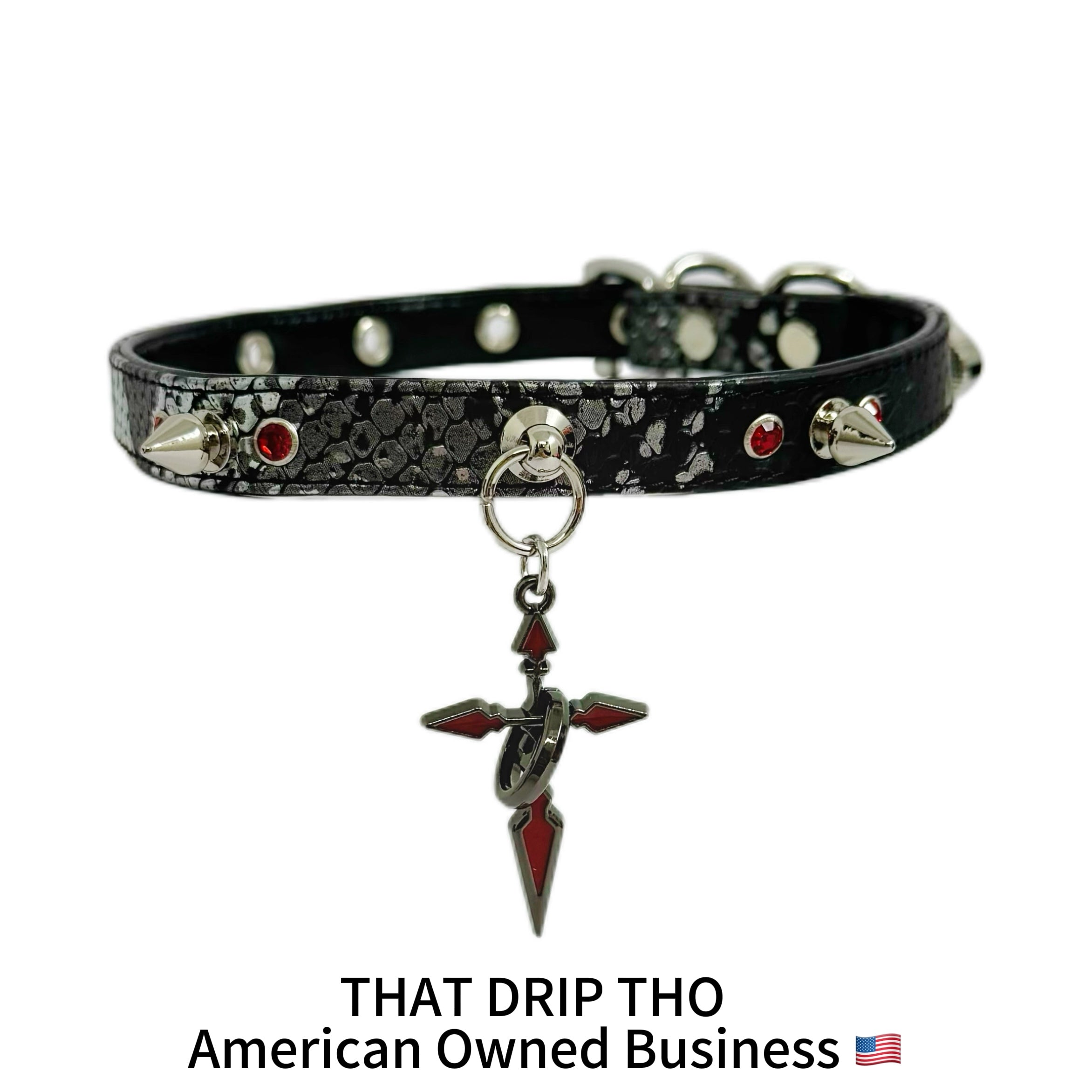 Spiked Black Leather Choker with Red-Black Cross Pendant