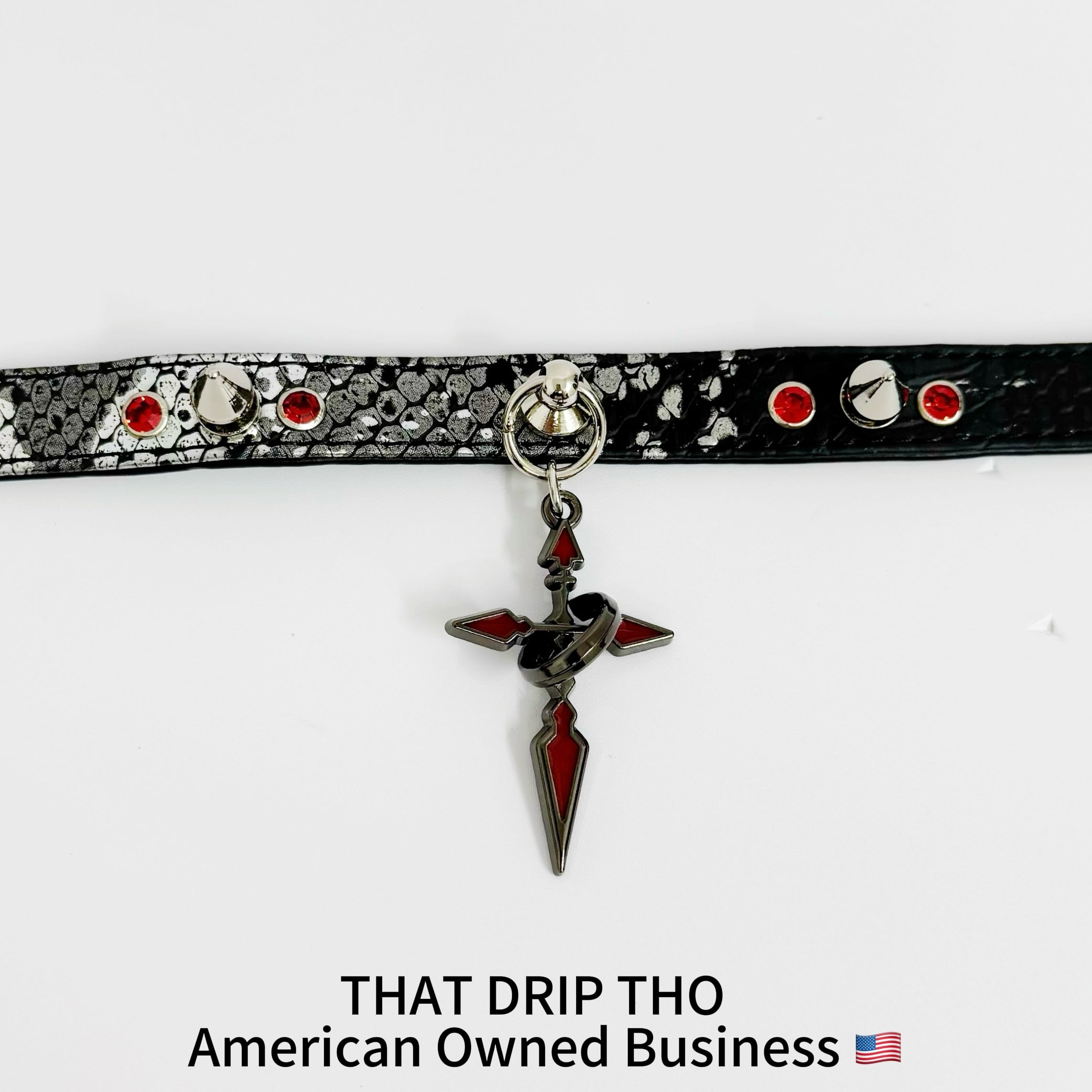 Spiked Black Leather Choker with Red-Black Cross Pendant
