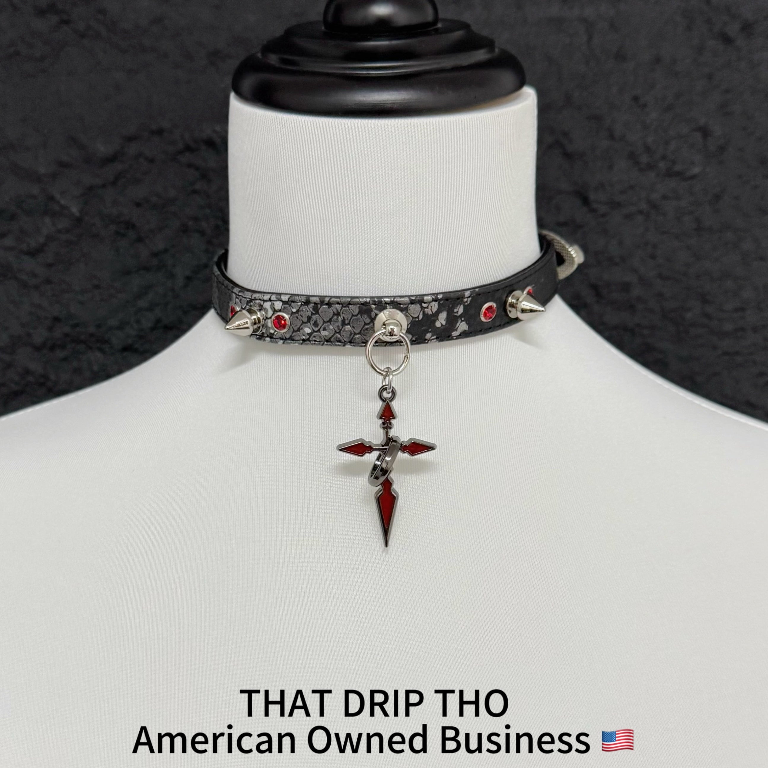 Spiked Black Leather Choker with Red-Black Cross Pendant
