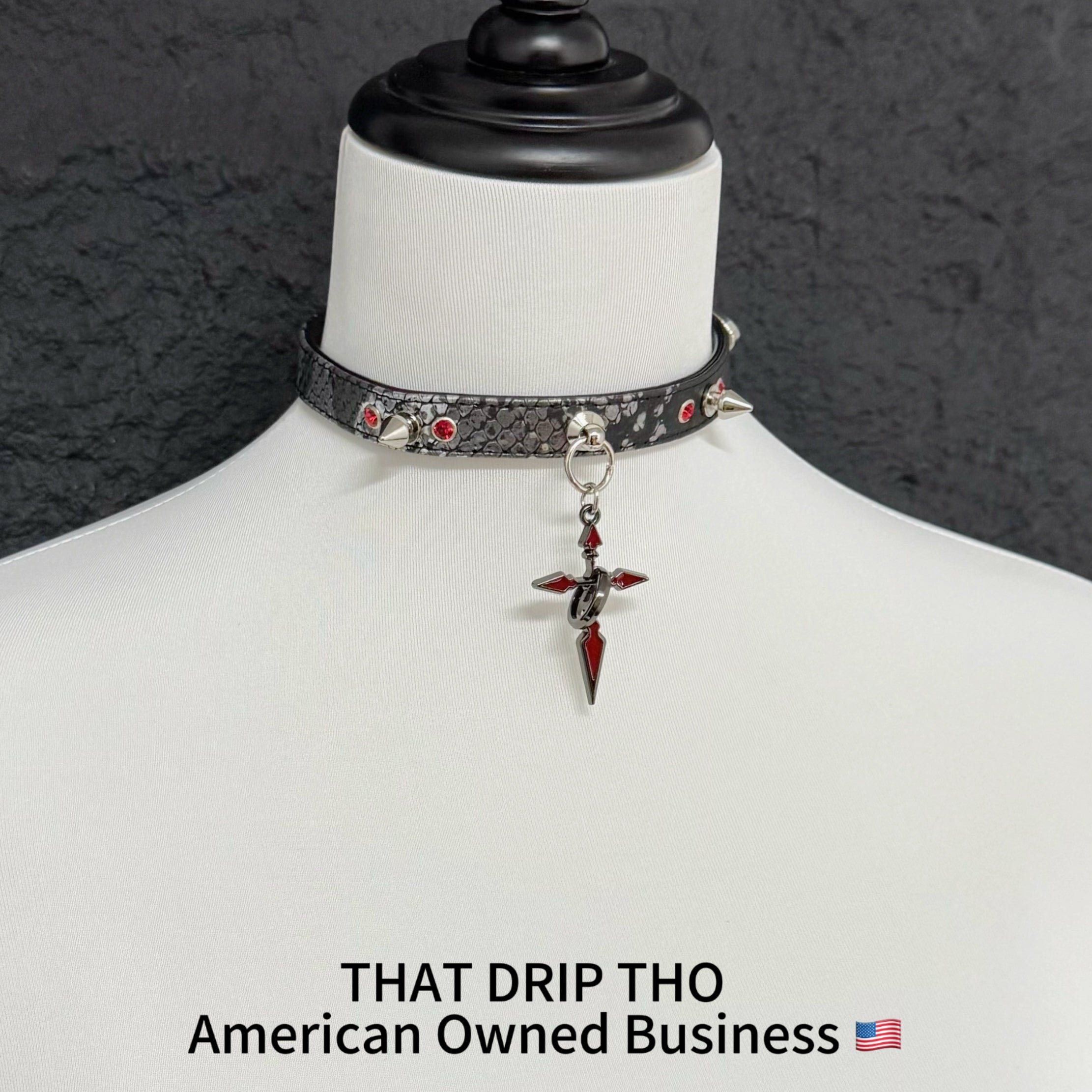 Spiked Black Leather Choker with Red-Black Cross Pendant