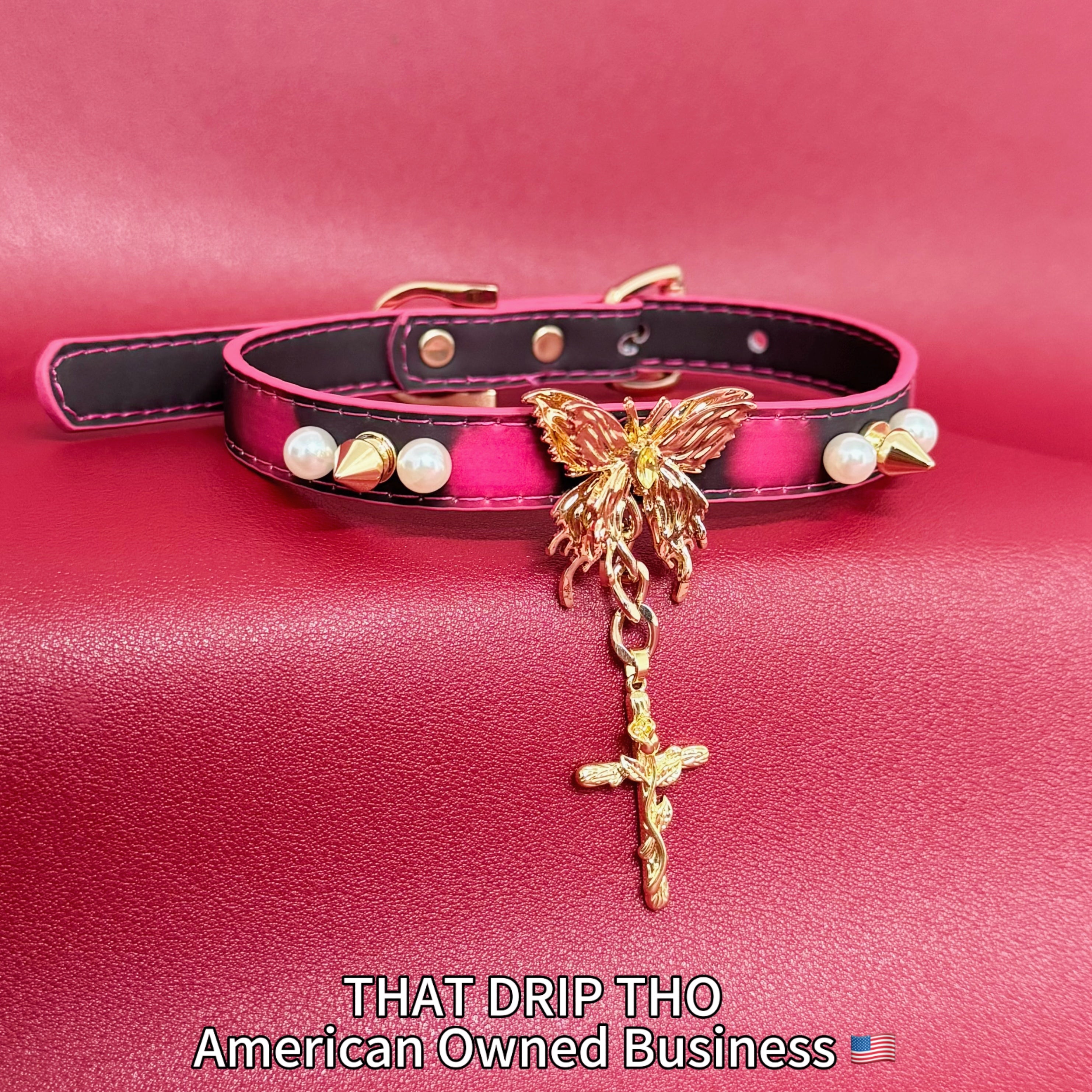 Handmade Heat Reactive Rouge Leather Choker with Butterfly Cross Pendant, Color-Changing Collar with Spikes and Pearls