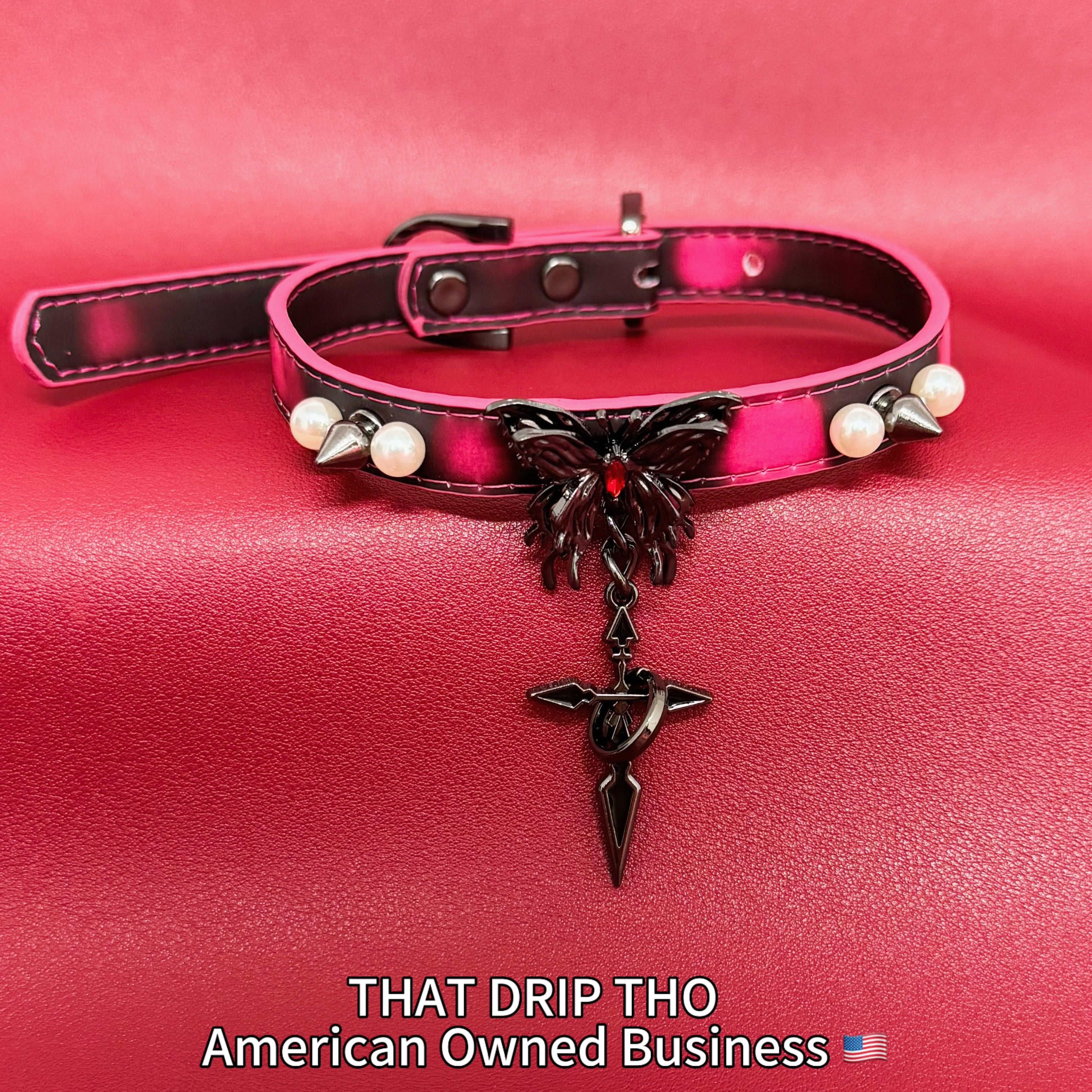Handmade Heat Reactive Rouge Leather Choker with Butterfly Cross Pendant, Color-Changing Collar with Spikes and Pearls