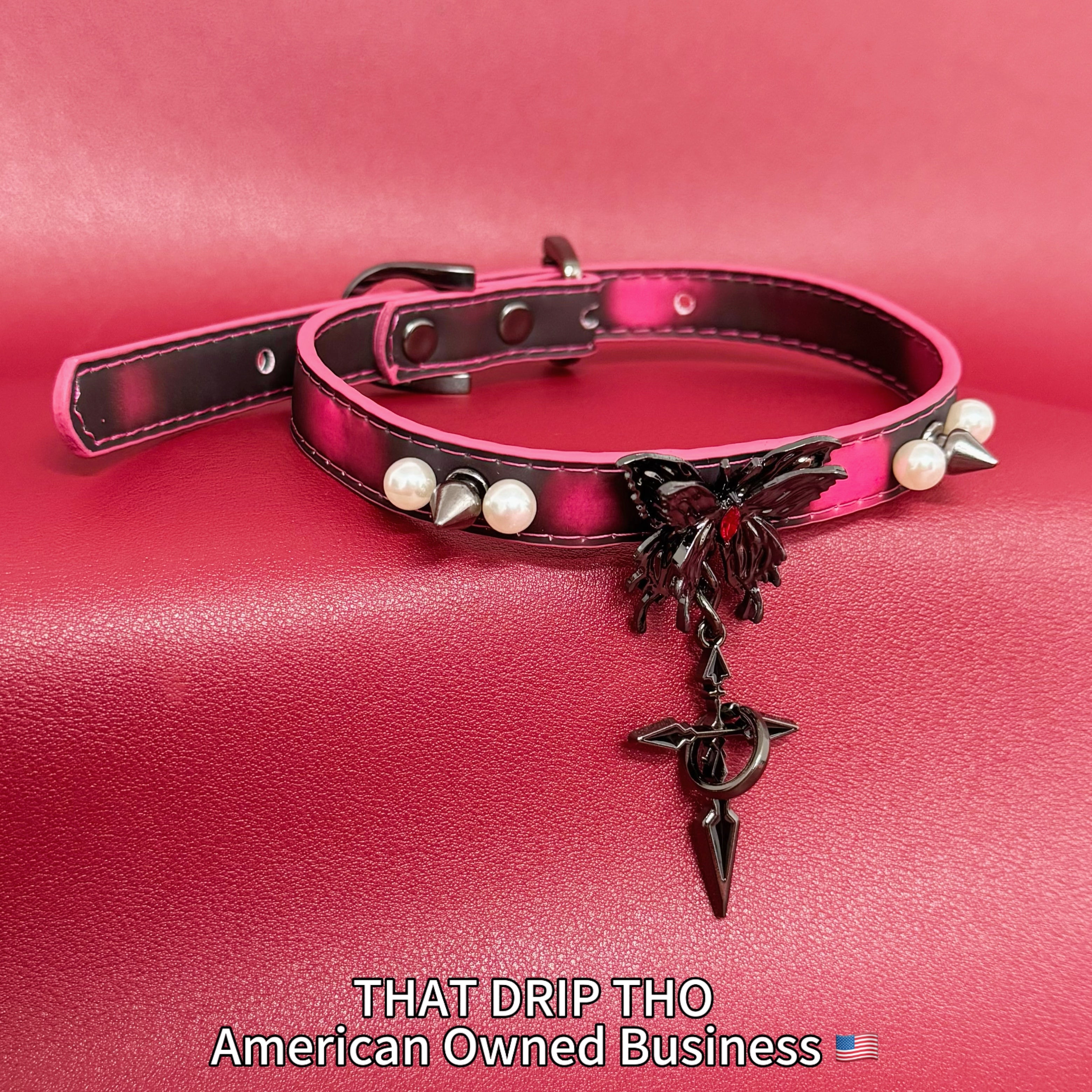 Handmade Heat Reactive Rouge Leather Choker with Butterfly Cross Pendant, Color-Changing Collar with Spikes and Pearls