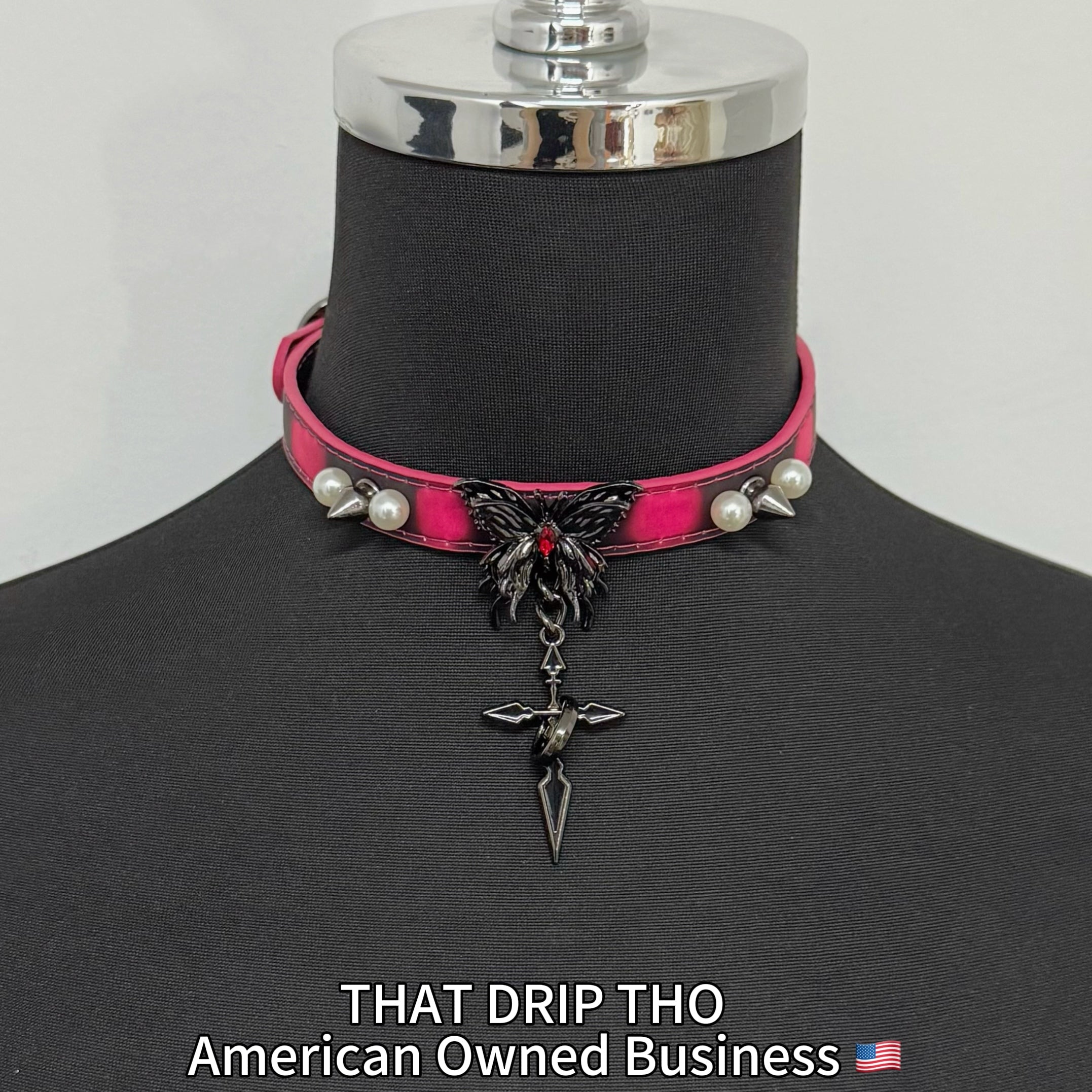 Handmade Heat Reactive Rouge Leather Choker with Butterfly Cross Pendant, Color-Changing Collar with Spikes and Pearls