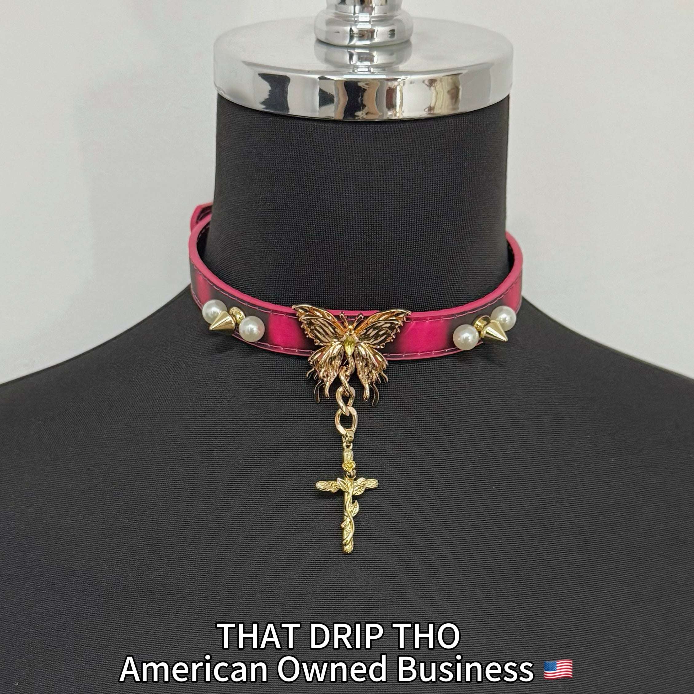 Handmade Heat Reactive Rouge Leather Choker with Butterfly Cross Pendant, Color-Changing Collar with Spikes and Pearls