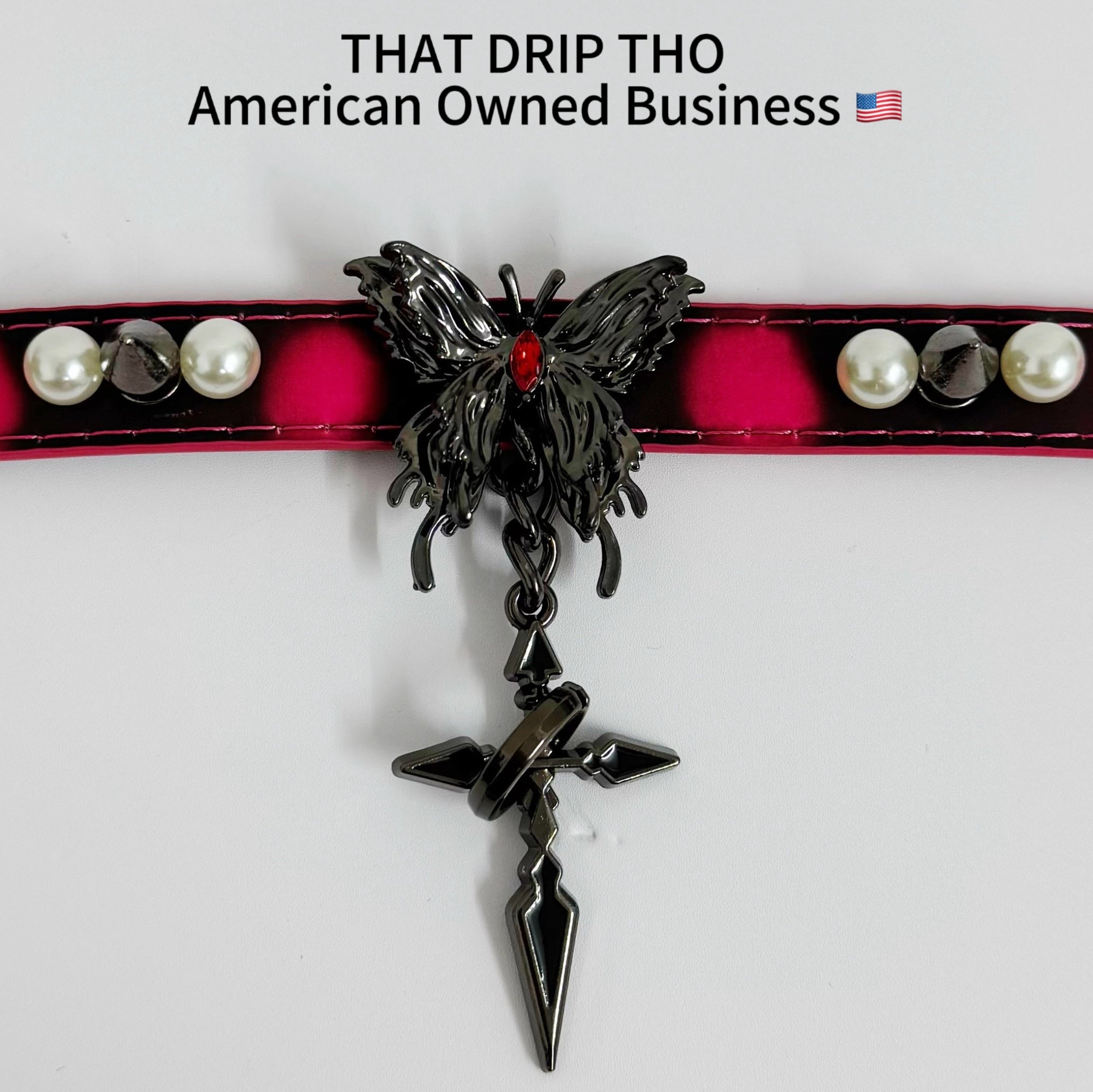 Handmade Heat Reactive Rouge Leather Choker with Butterfly Cross Pendant, Color-Changing Collar with Spikes and Pearls