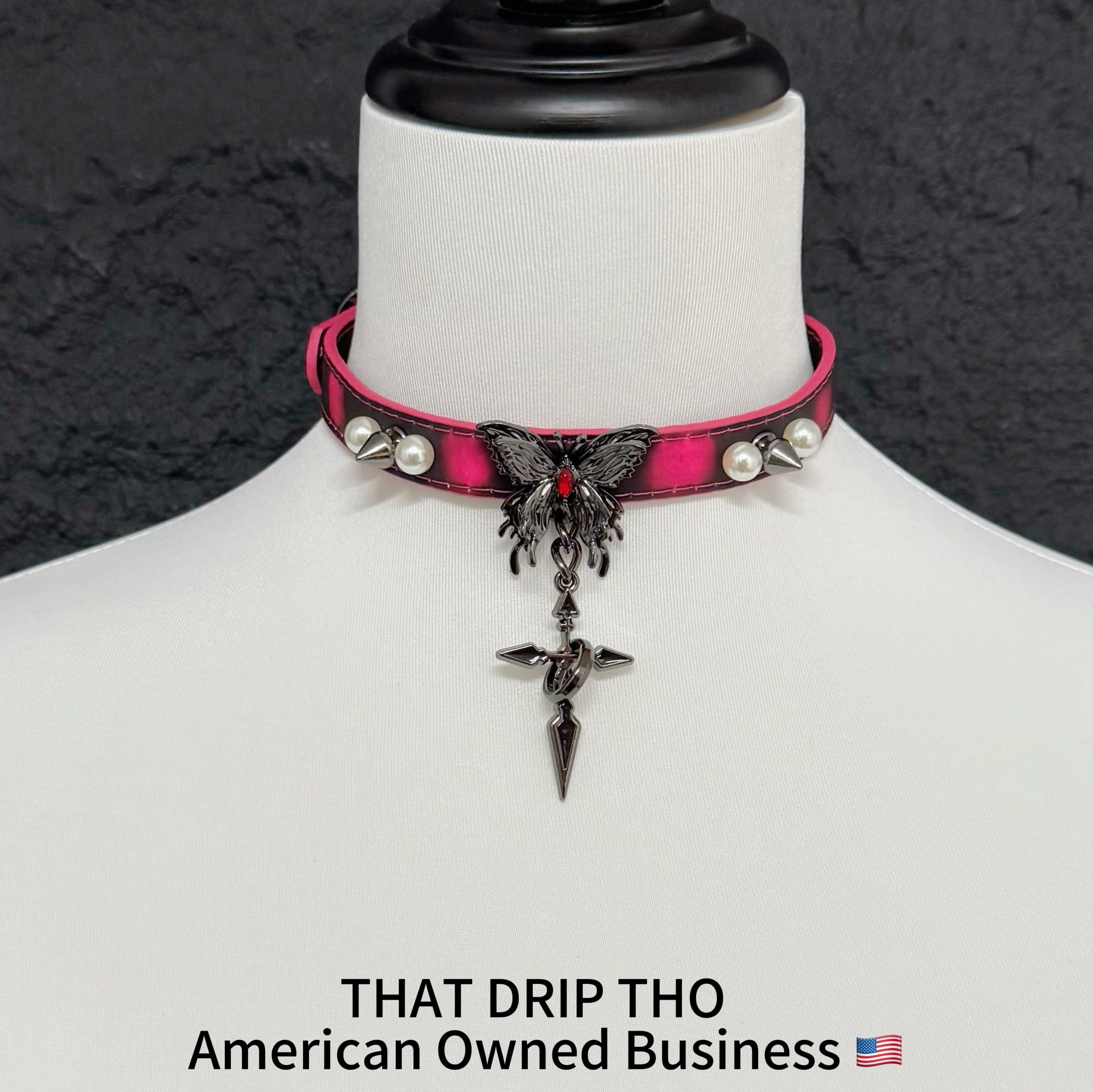 Handmade Heat Reactive Rouge Leather Choker with Butterfly Cross Pendant, Color-Changing Collar with Spikes and Pearls