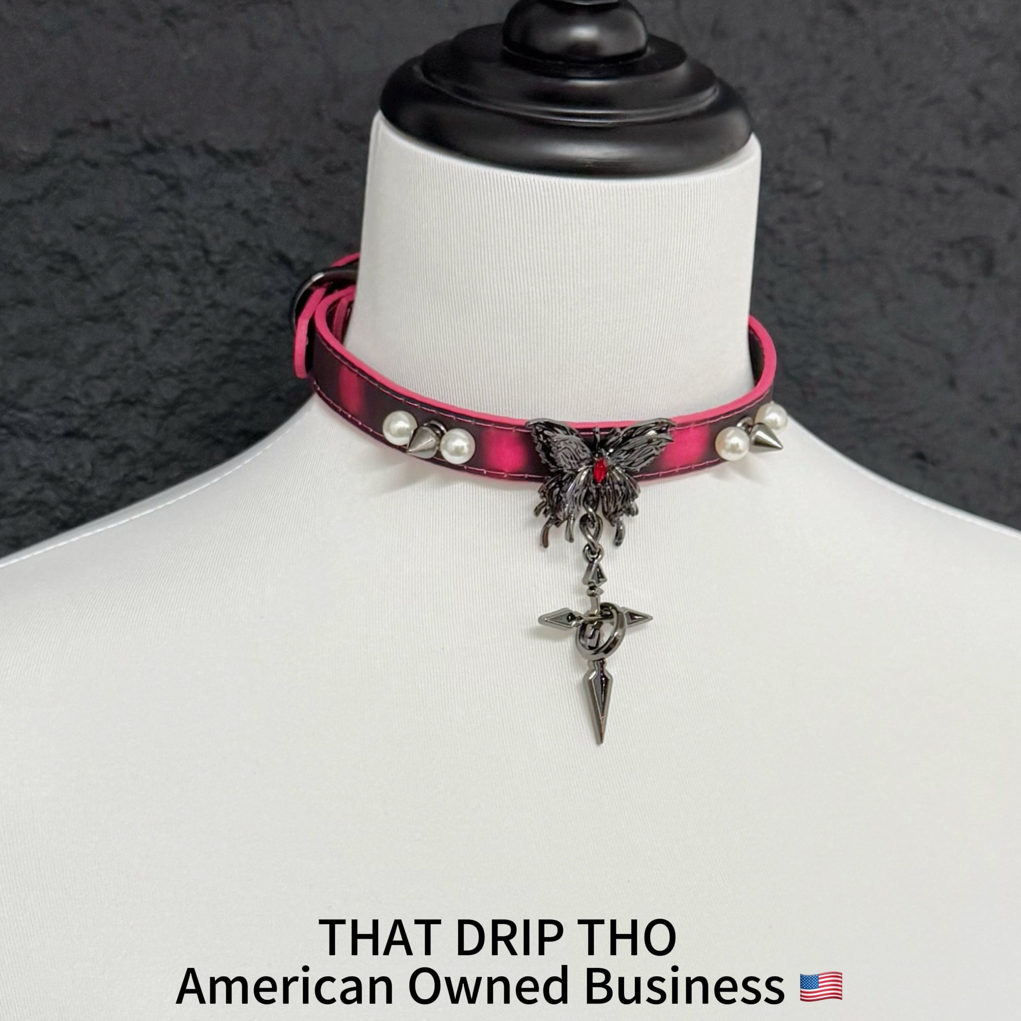 Handmade Heat Reactive Rouge Leather Choker with Butterfly Cross Pendant, Color-Changing Collar with Spikes and Pearls