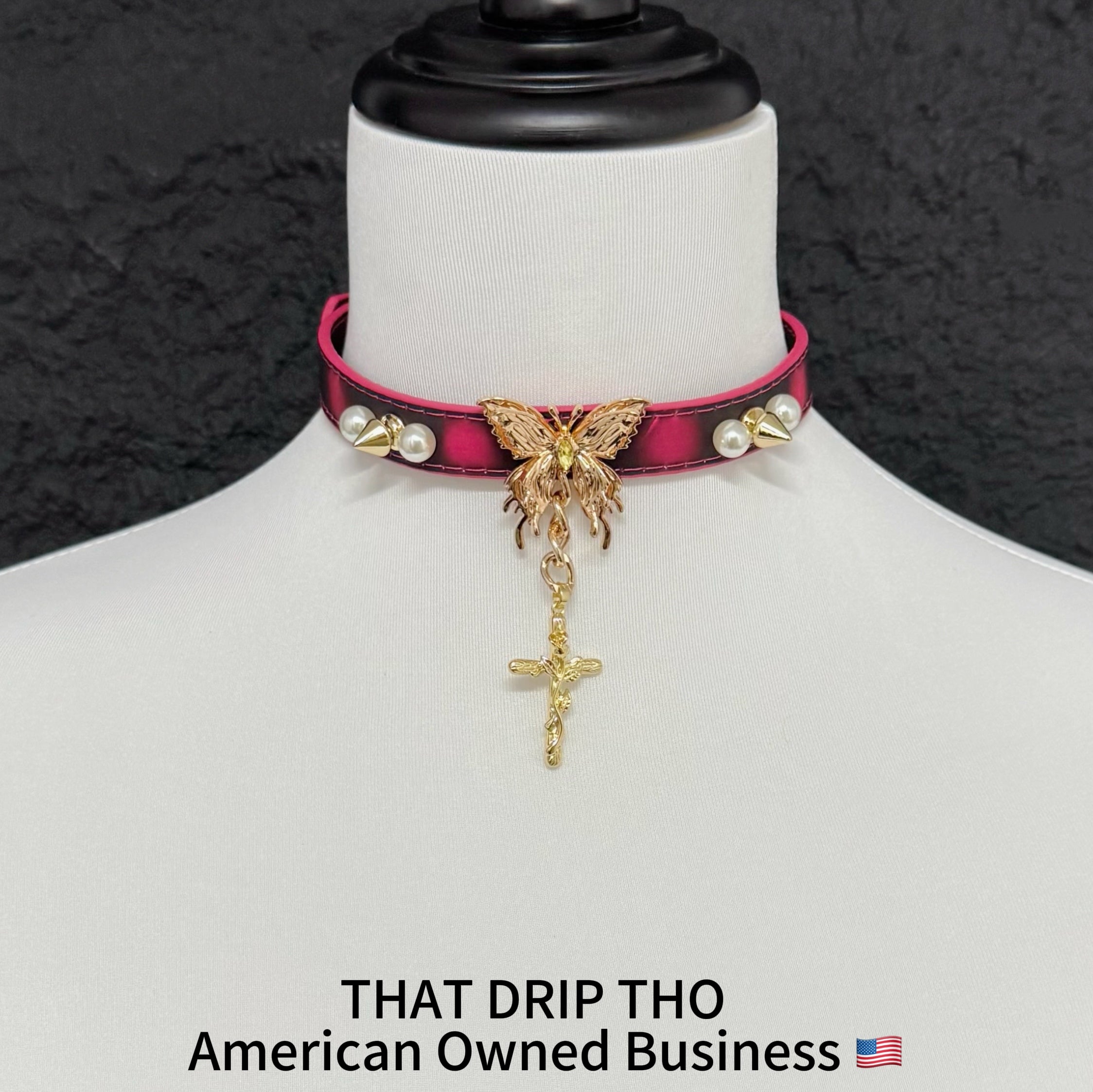 Handmade Heat Reactive Rouge Leather Choker with Butterfly Cross Pendant, Color-Changing Collar with Spikes and Pearls