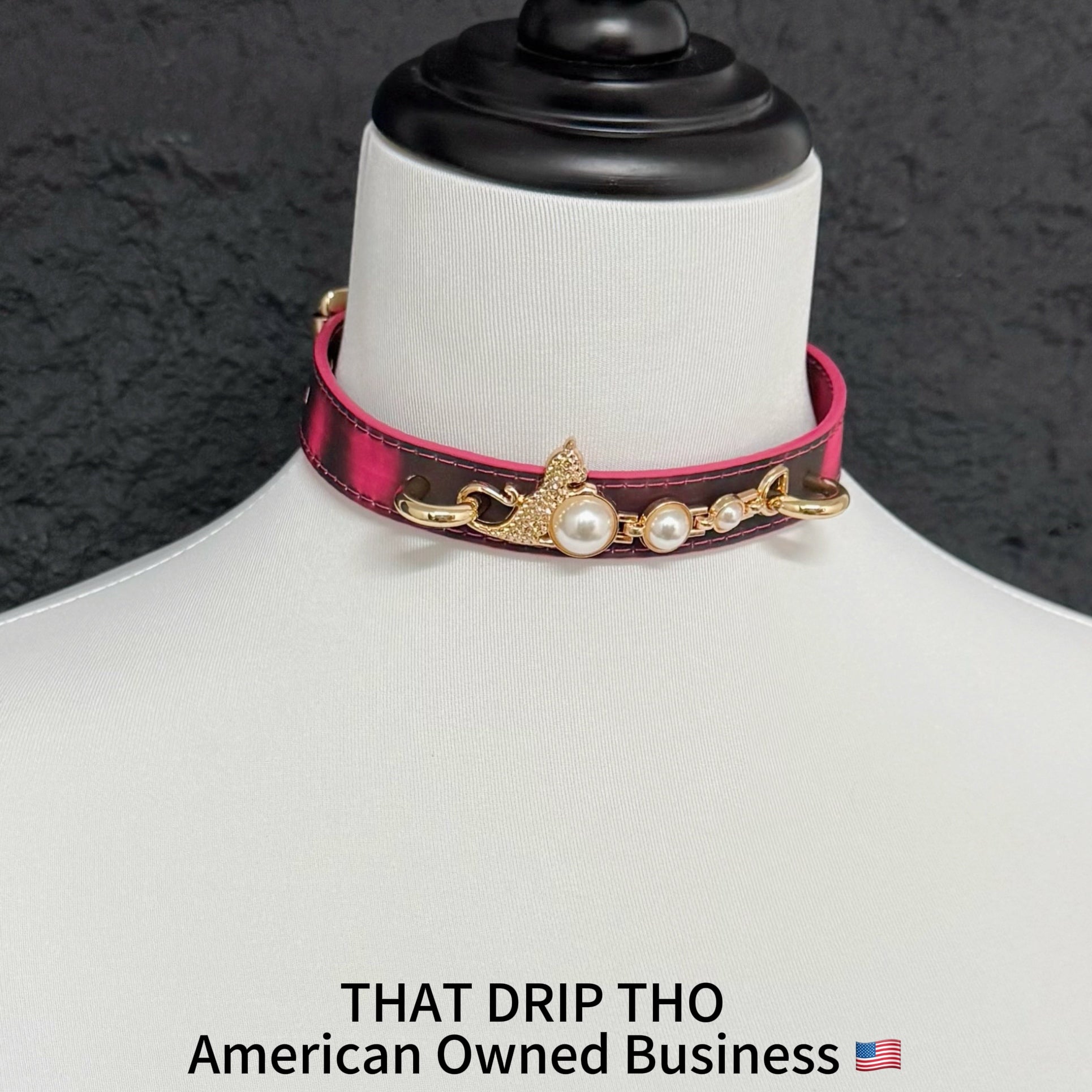 Handmade Heat Reactive Rouge Leather Choker, Color-Changing Collar with Leopard Accent & Pearl Details