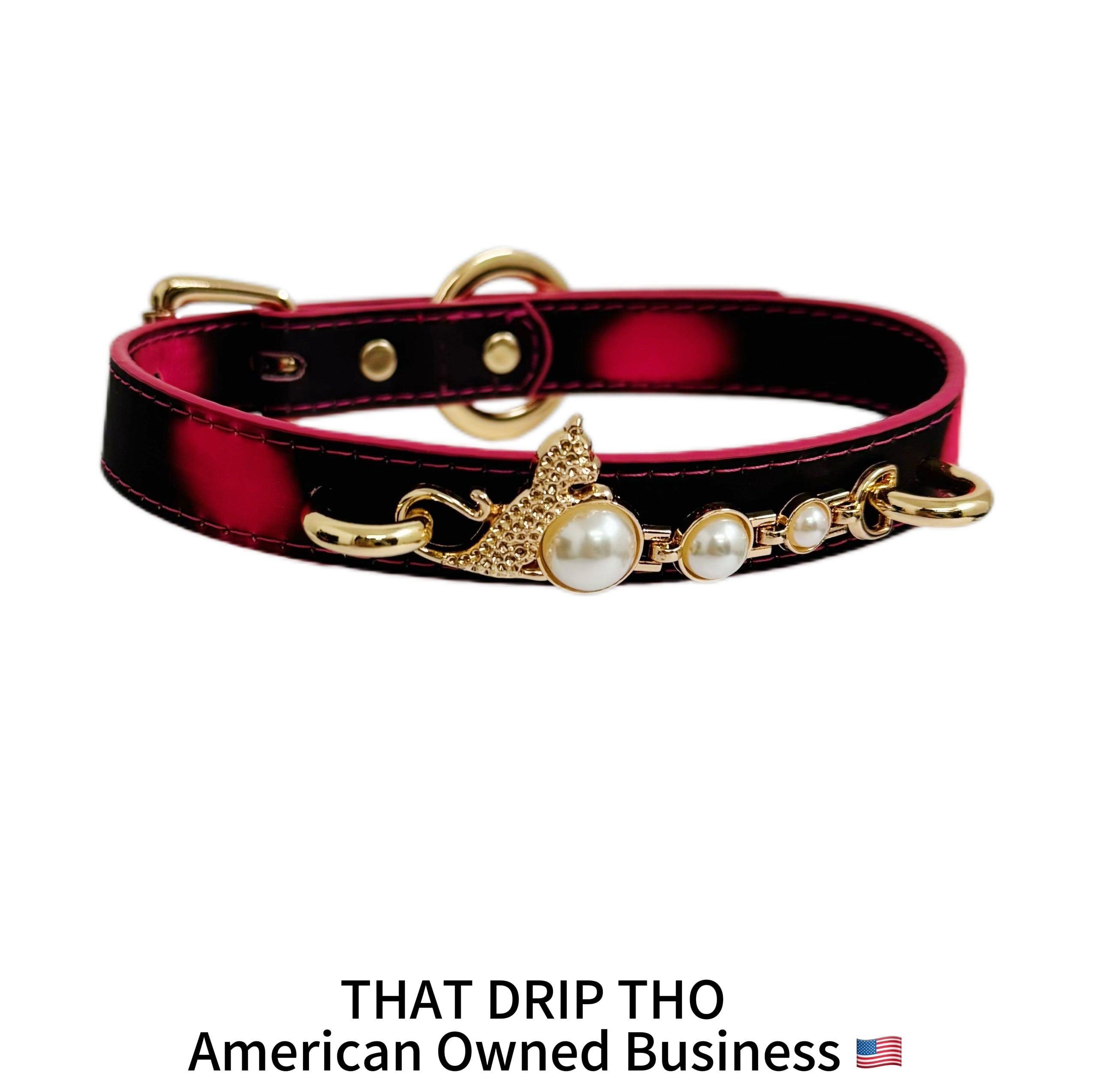 Handmade Heat Reactive Rouge Leather Choker, Color-Changing Collar with Leopard Accent & Pearl Details