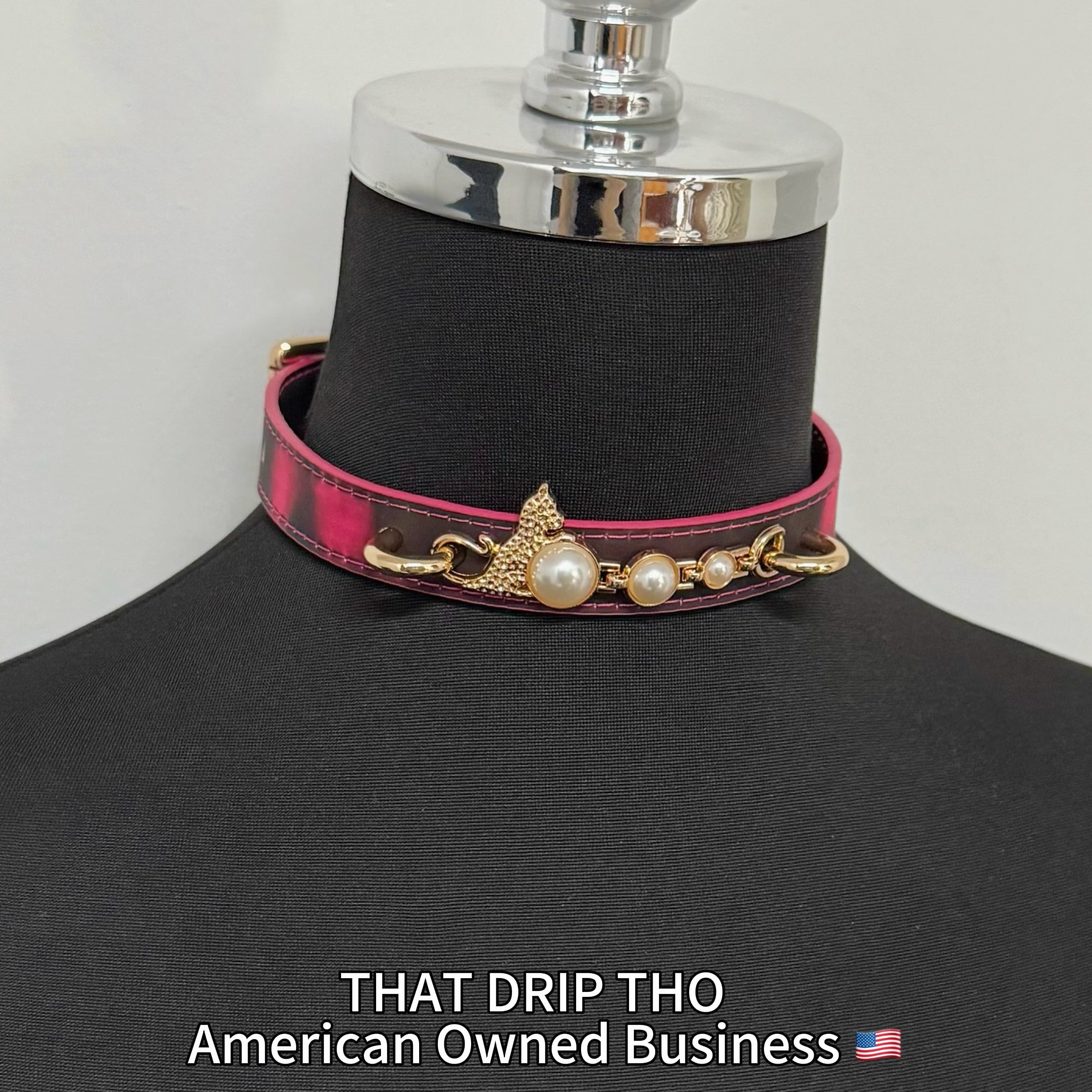 Handmade Heat Reactive Rouge Leather Choker, Color-Changing Collar with Leopard Accent & Pearl Details