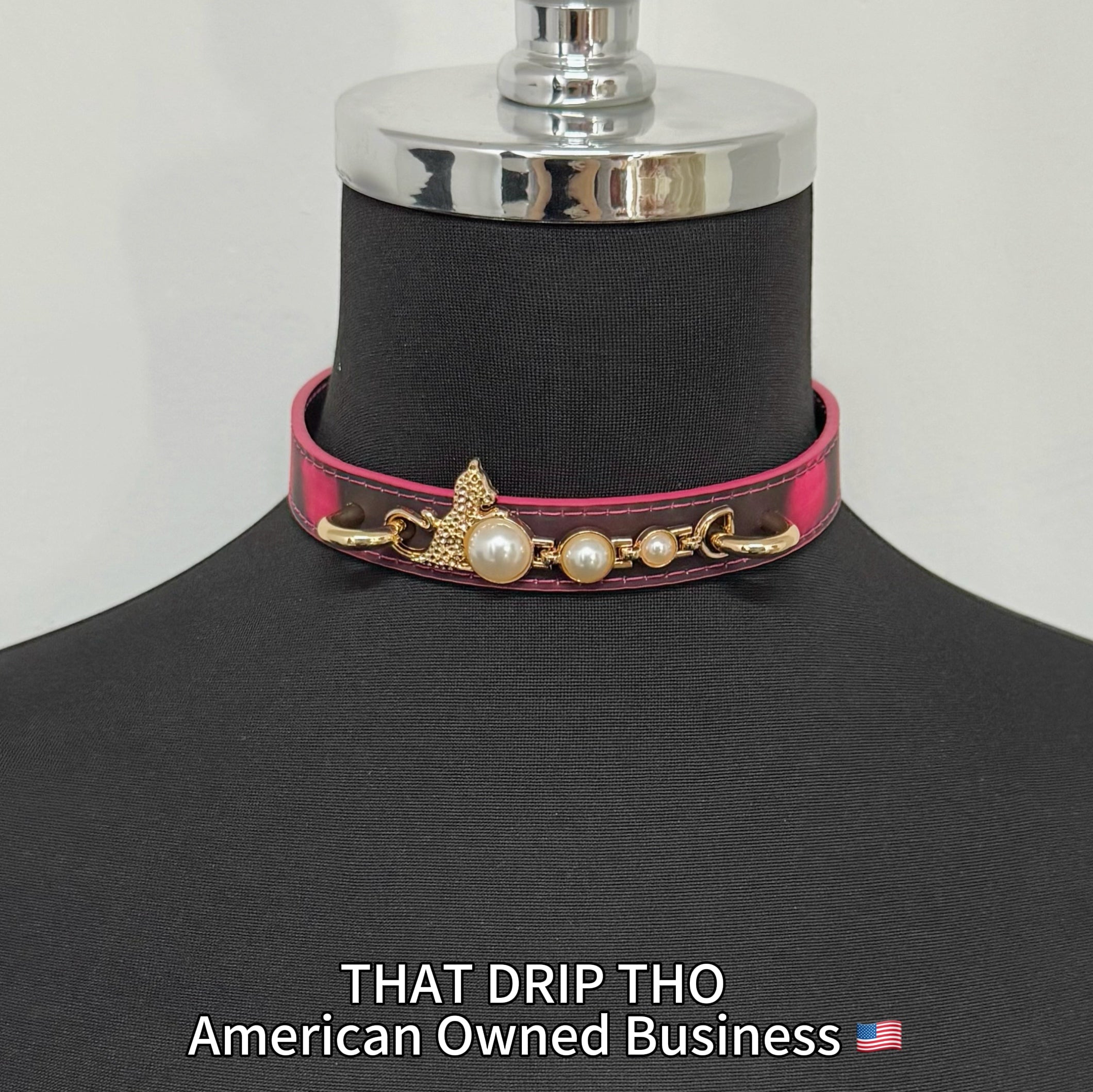 Handmade Heat Reactive Rouge Leather Choker, Color-Changing Collar with Leopard Accent & Pearl Details