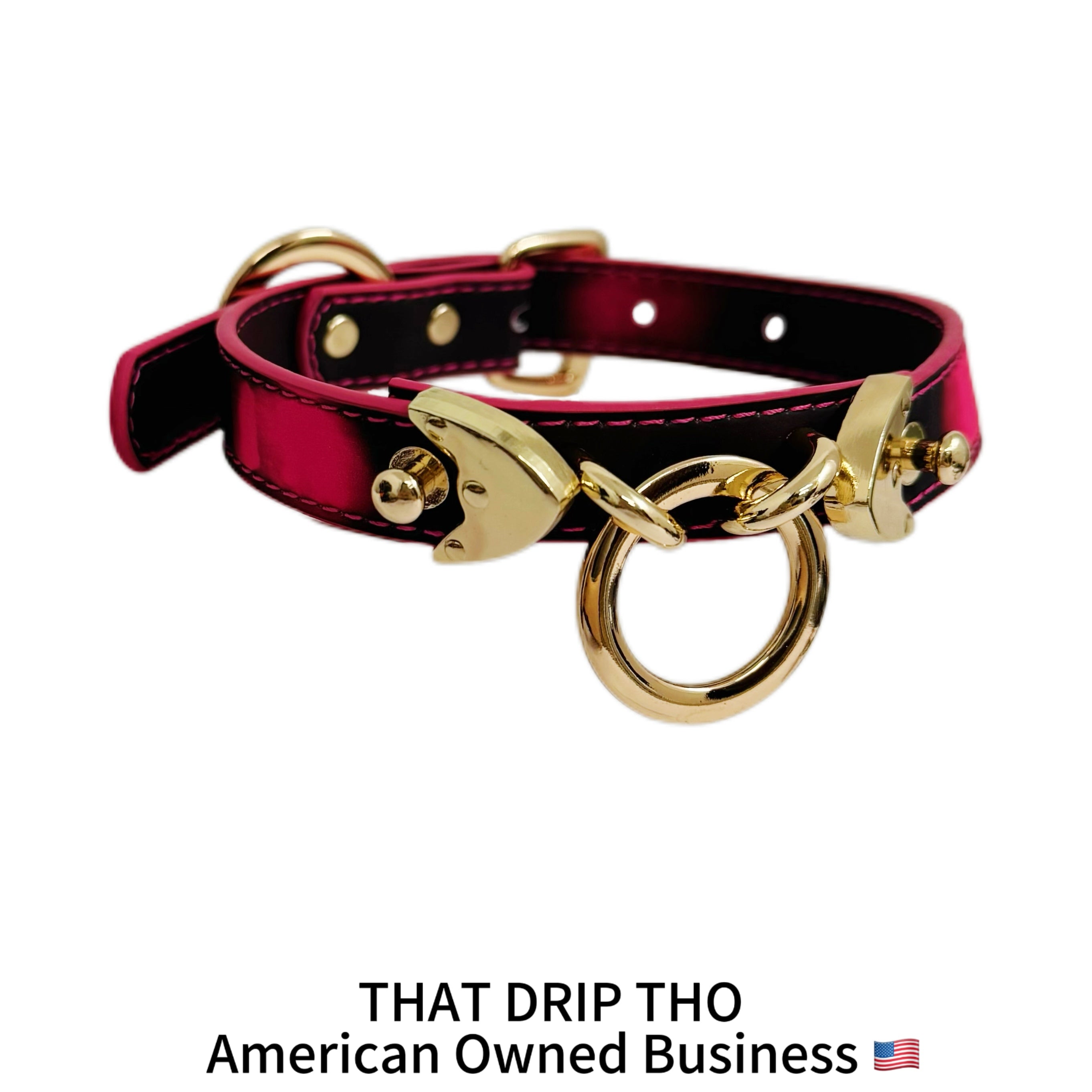 Heat Reactive Rouge Leather Collar Choker with Gold O-Ring & Matching Chain Leash