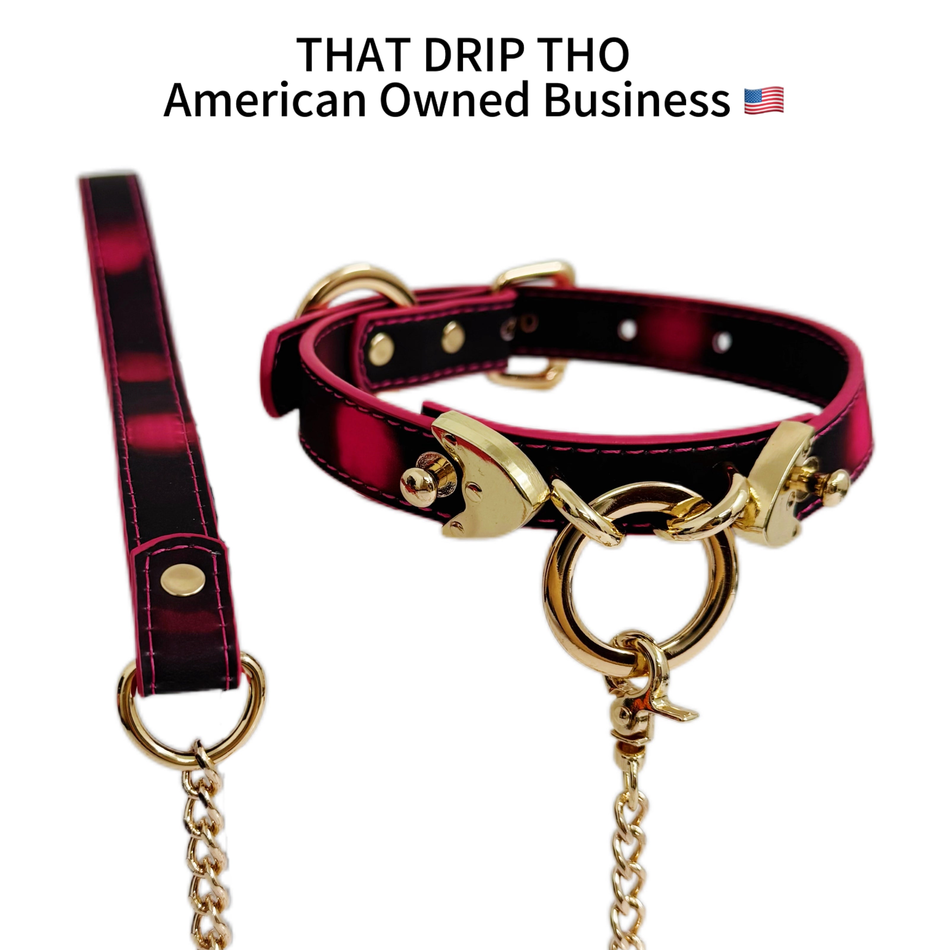 Heat Reactive Rouge Leather Collar Choker with Gold O-Ring & Matching Chain Leash