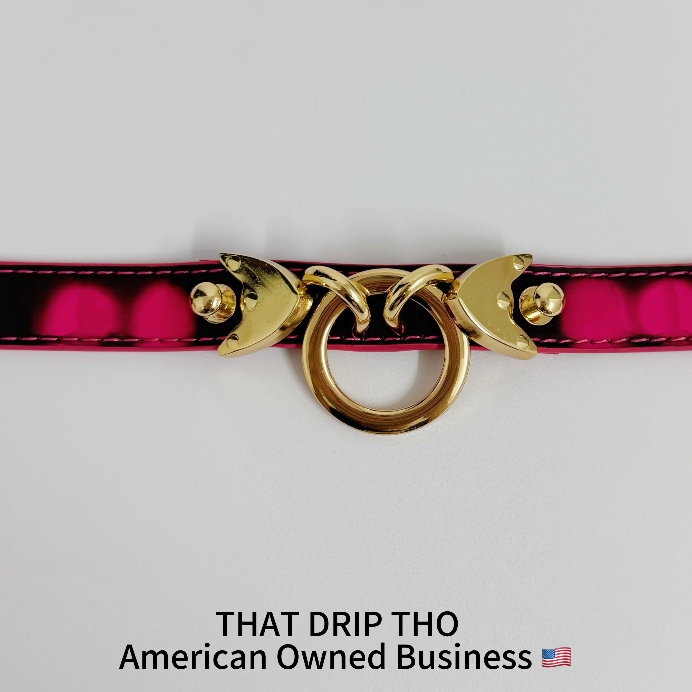 Heat Reactive Rouge Leather Collar Choker with Gold O-Ring & Matching Chain Leash