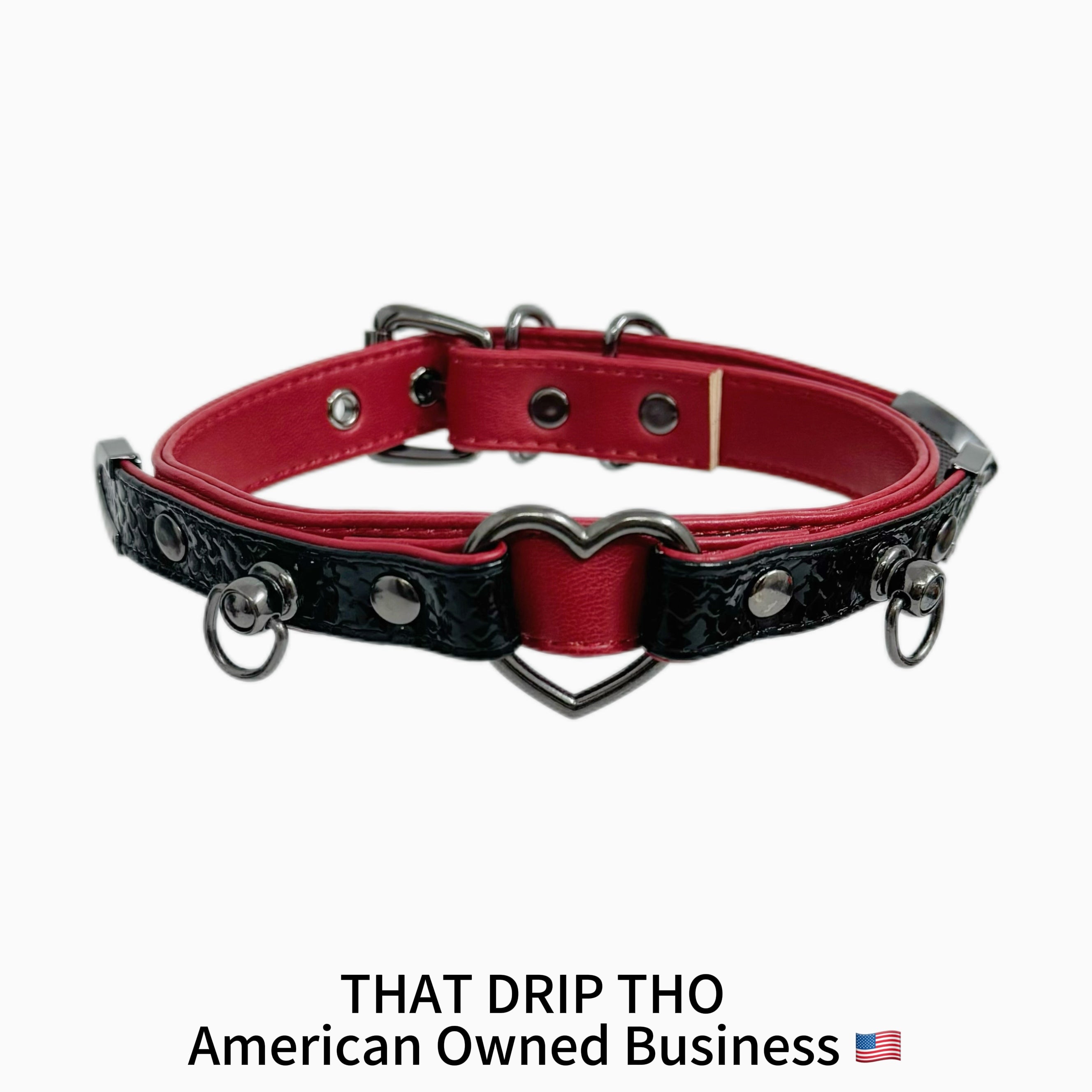 Dark Rose & Black Leather Choker with Heart O-Ring & Matching Leash Set