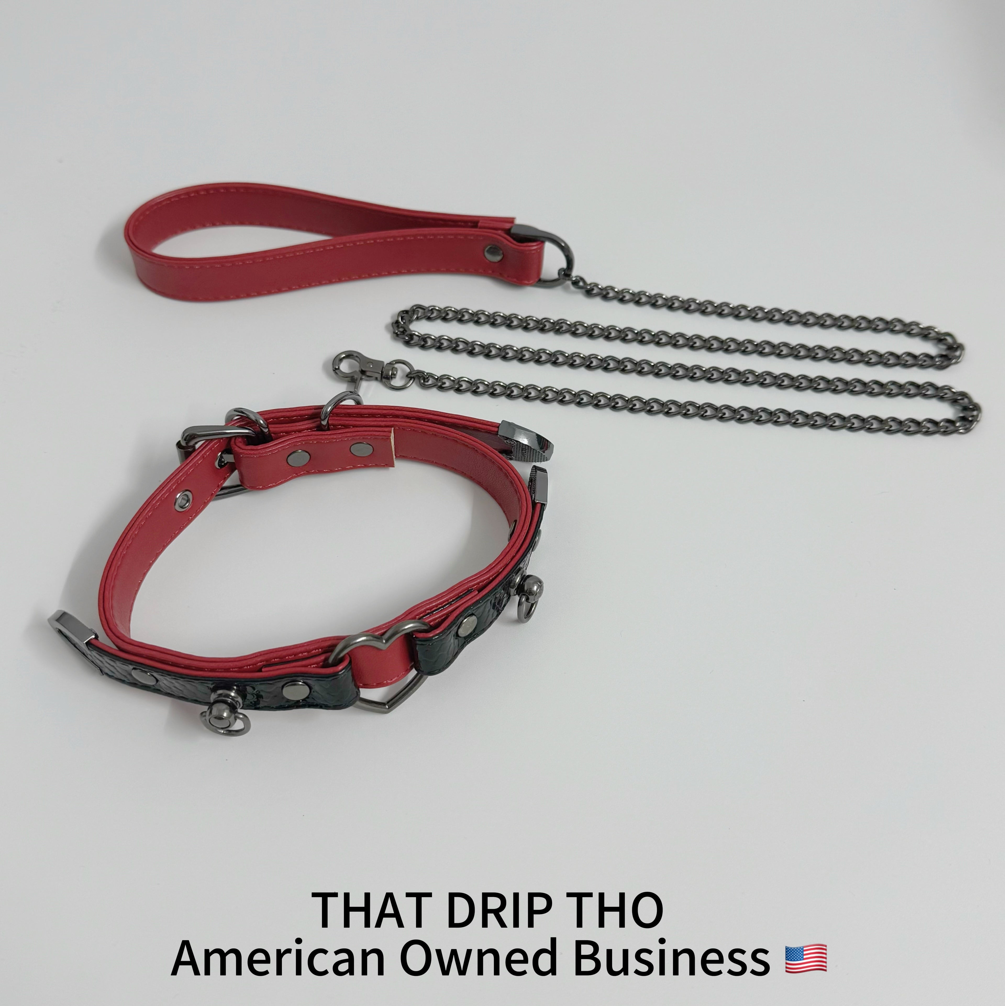 Dark Rose & Black Leather Choker with Heart O-Ring & Matching Leash Set