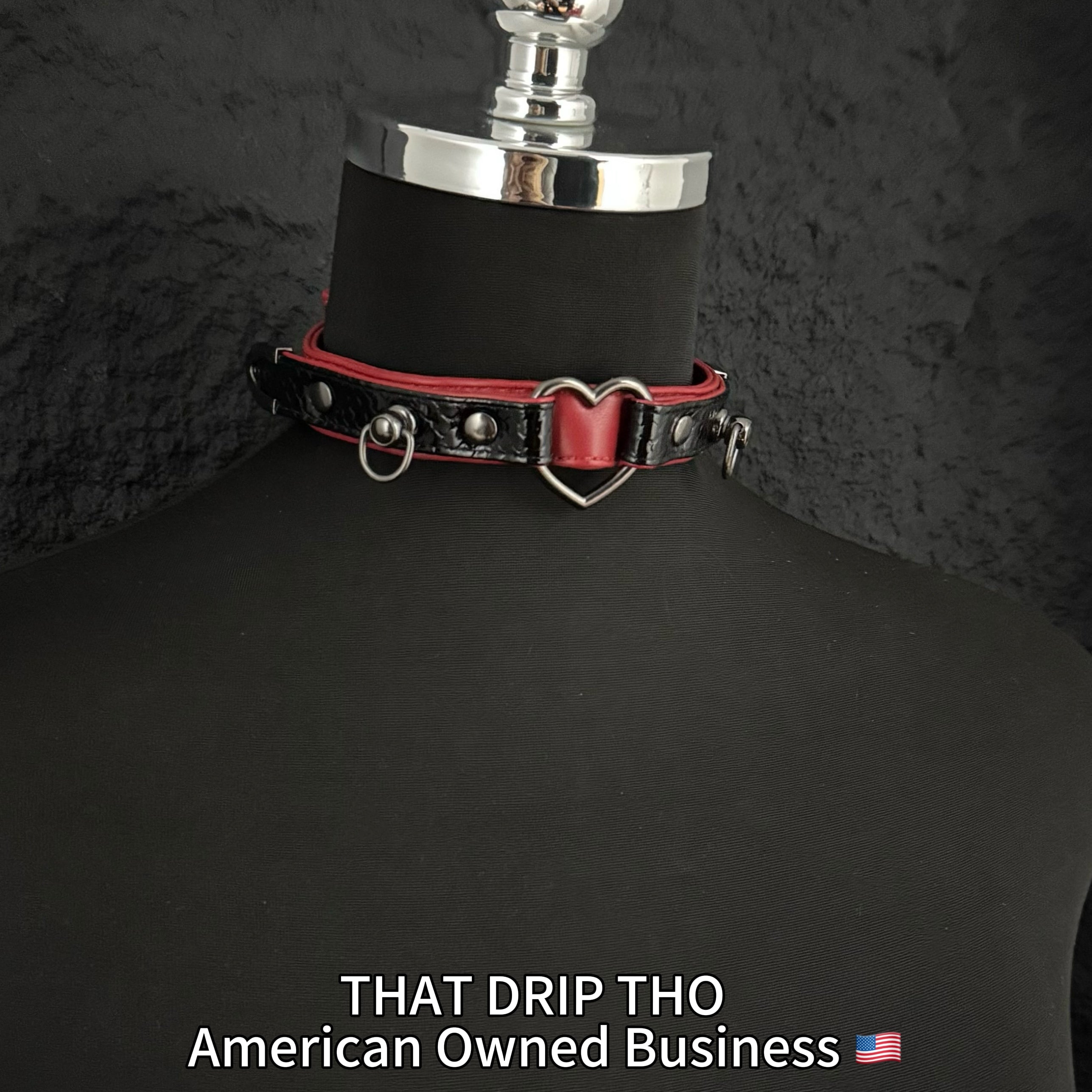 Dark Rose & Black Leather Choker with Heart O-Ring & Matching Leash Set