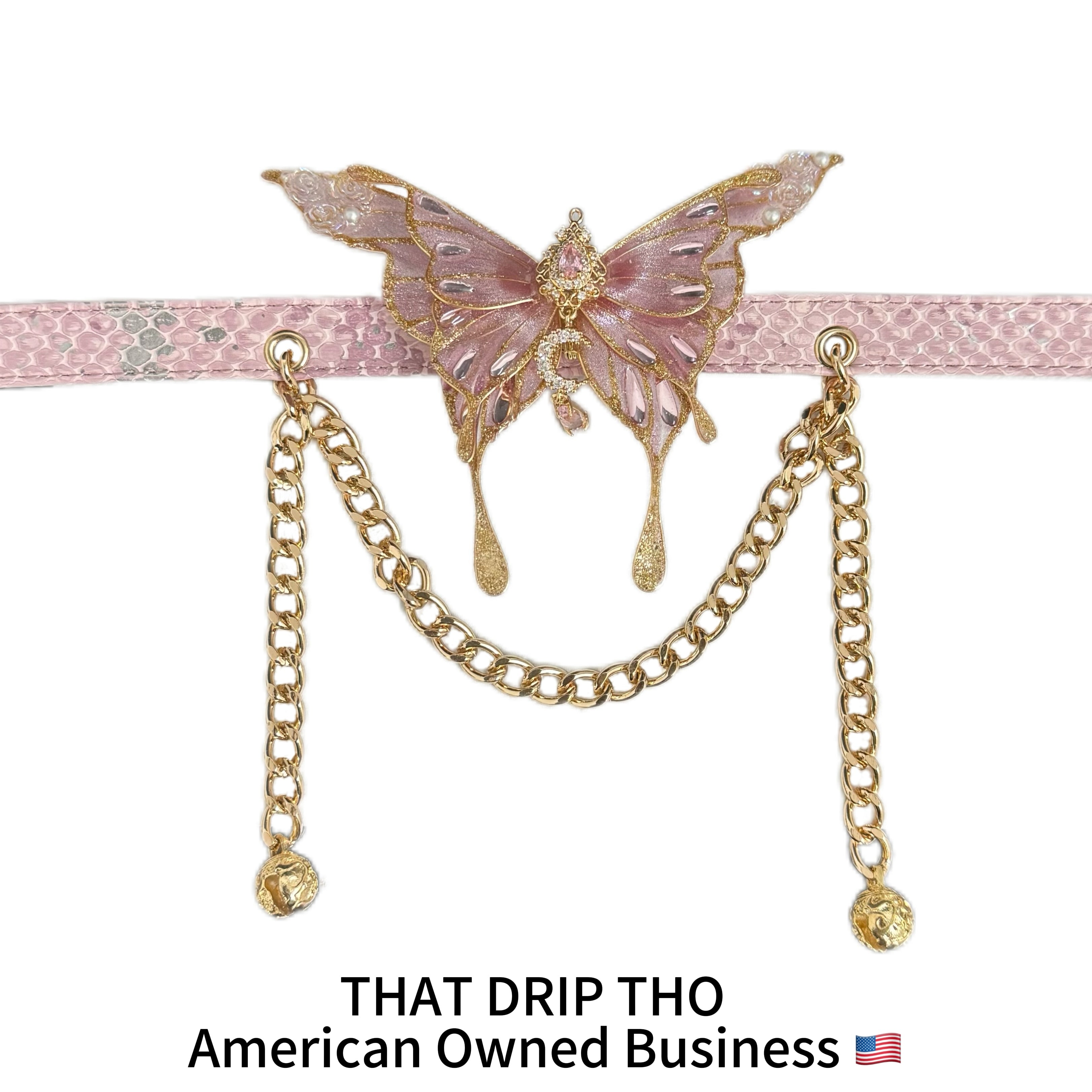 Jingle and Flutter Butterfly Charm Leather Collar with Bells and Matching Chain Leash Set -Pink Butterfly & Leash