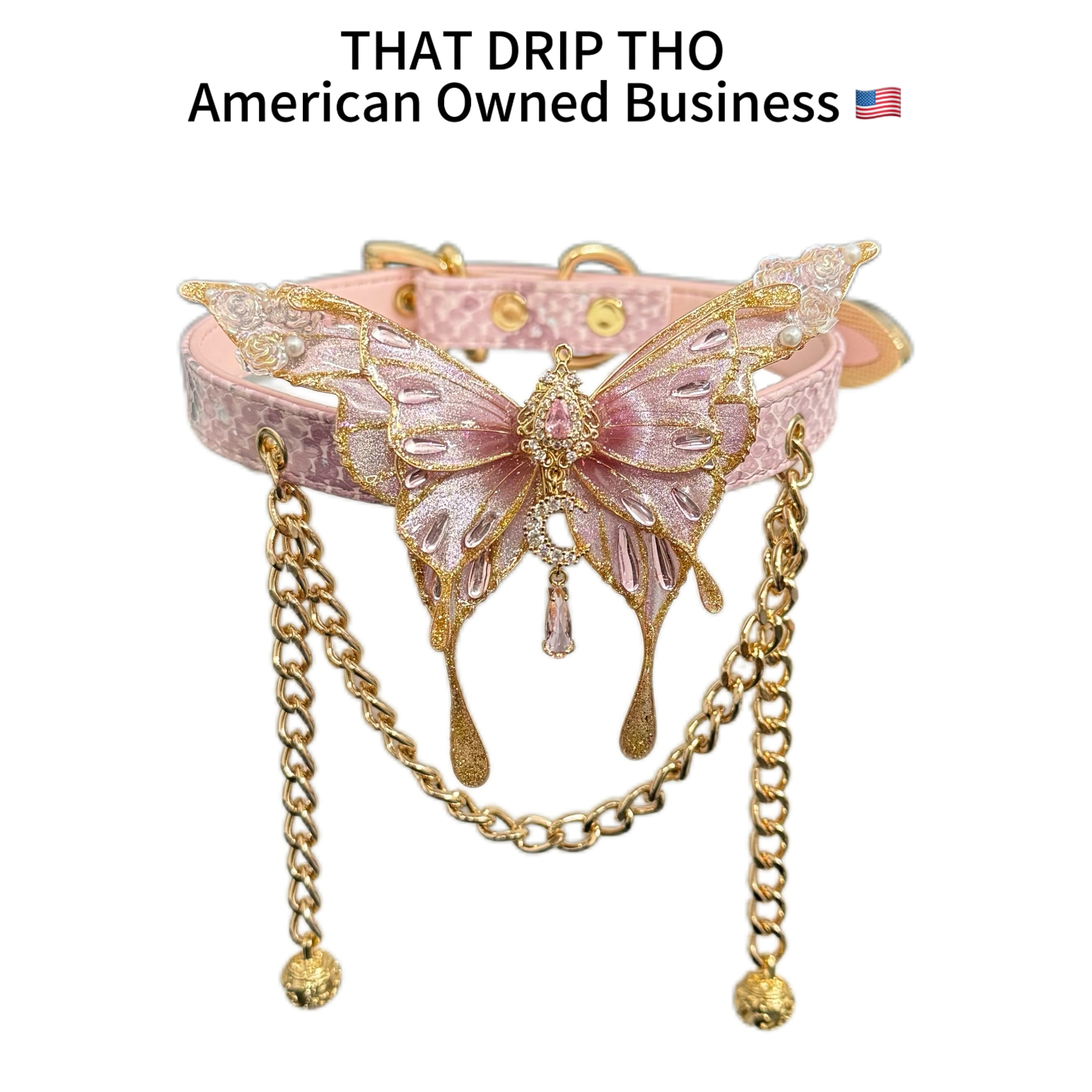 Jingle and Flutter Butterfly Charm Leather Collar with Bells and Matching Chain Leash Set -Pink Butterfly & Leash