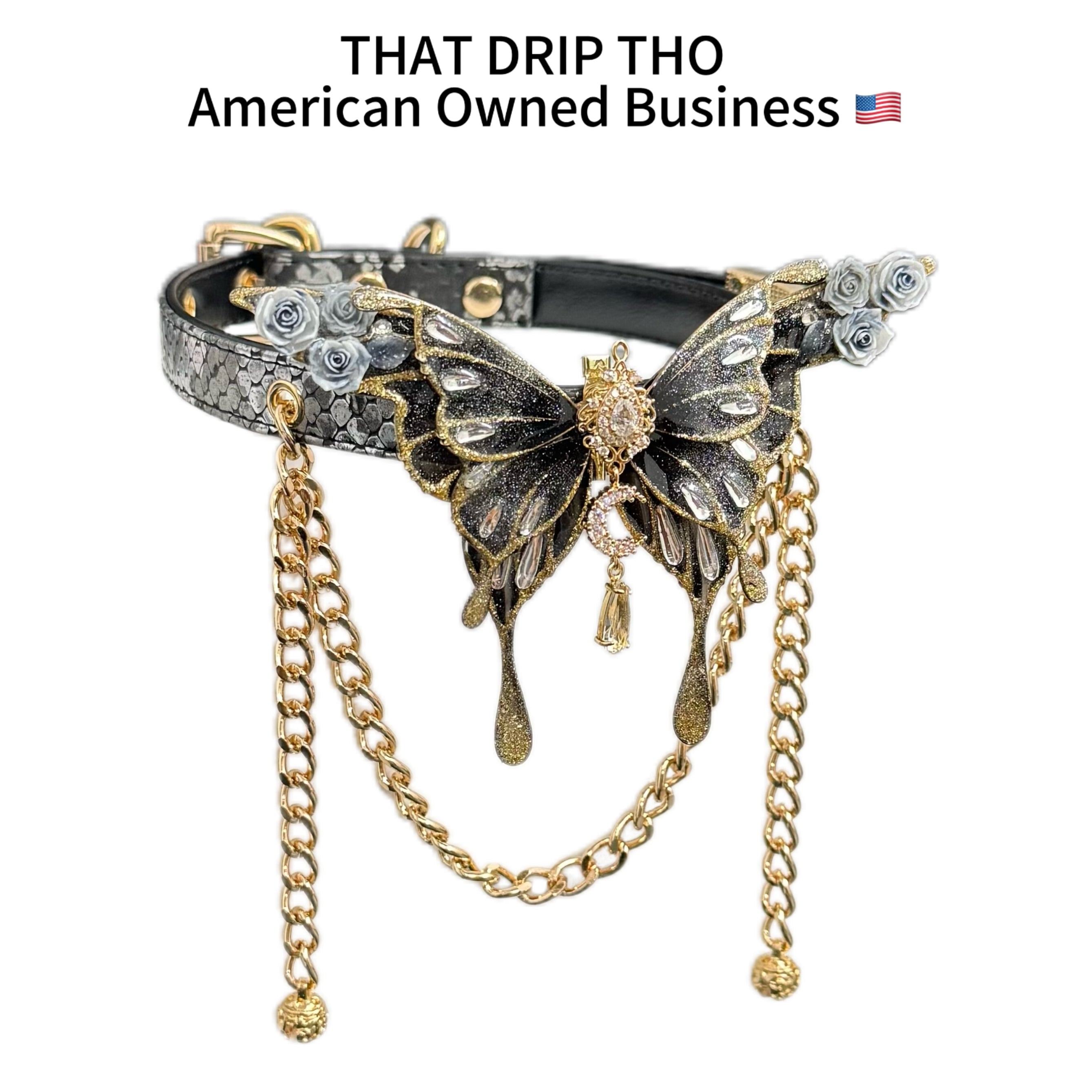 Jingle and Flutter Butterfly Charm Leather Collar with Bells and Matching Chain Leash Set -Black Butterfly & Leash