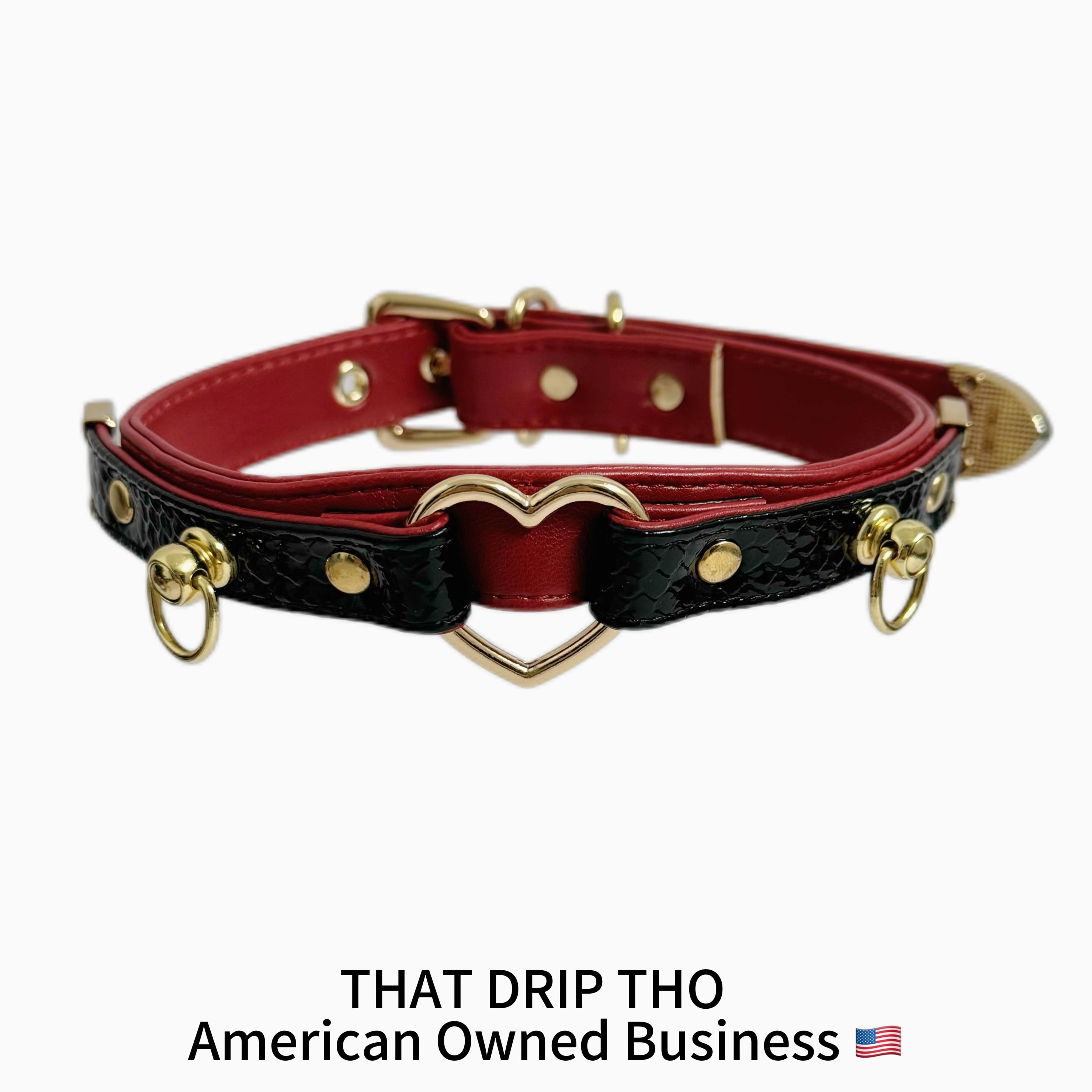 Dark Rose & Black Leather Choker with Heart O-Ring & Matching Leash Set