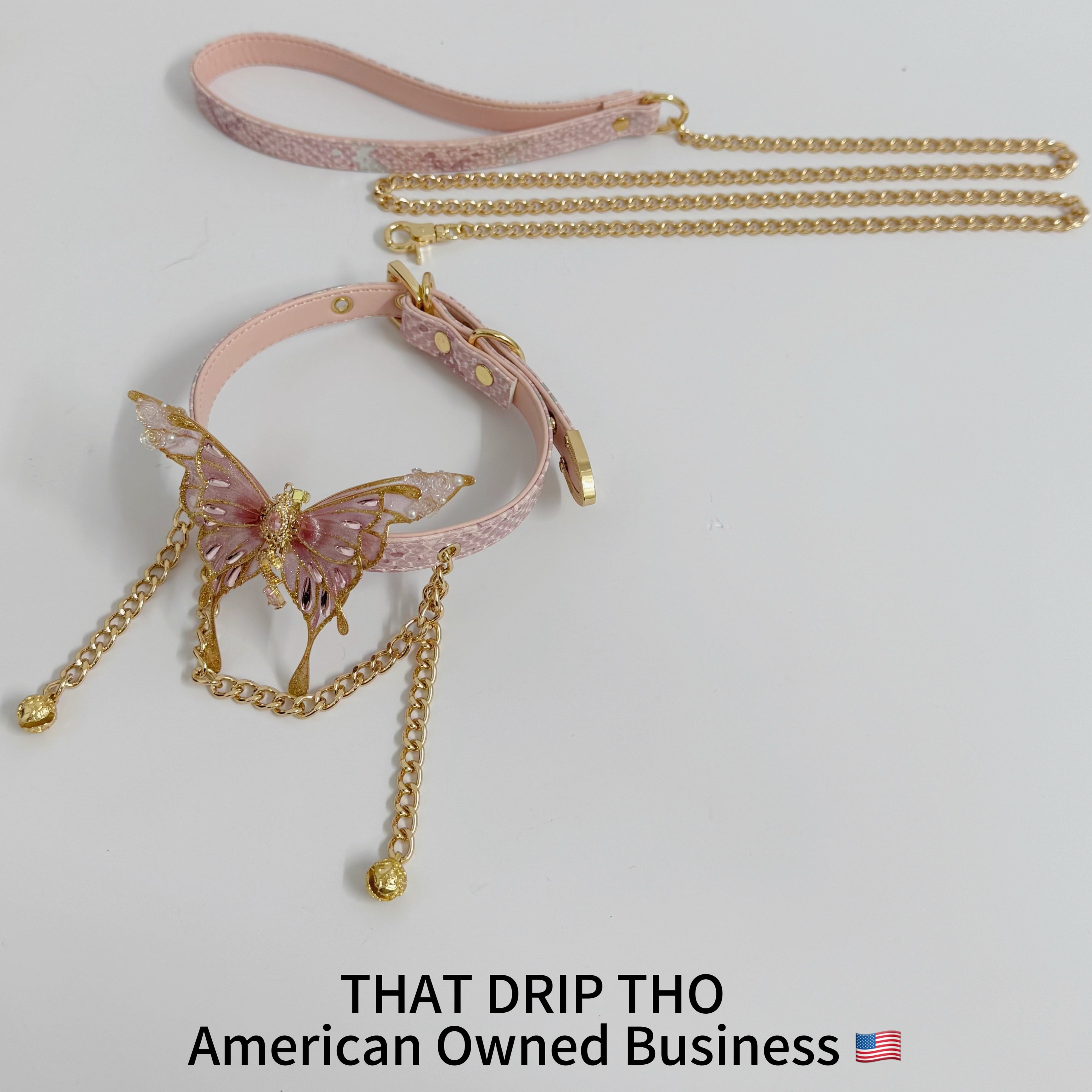 Jingle and Flutter Butterfly Charm Leather Collar with Bells and Matching Chain Leash Set -Pink Butterfly & Leash