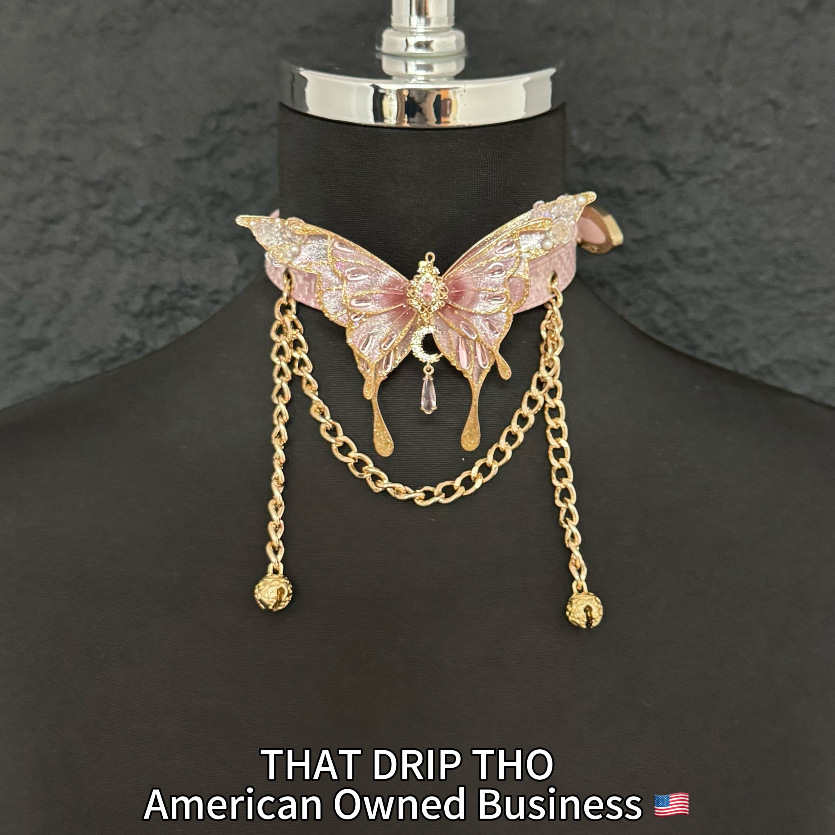 Jingle and Flutter Butterfly Charm Leather Collar with Bells and Matching Chain Leash Set -Pink Butterfly & Leash