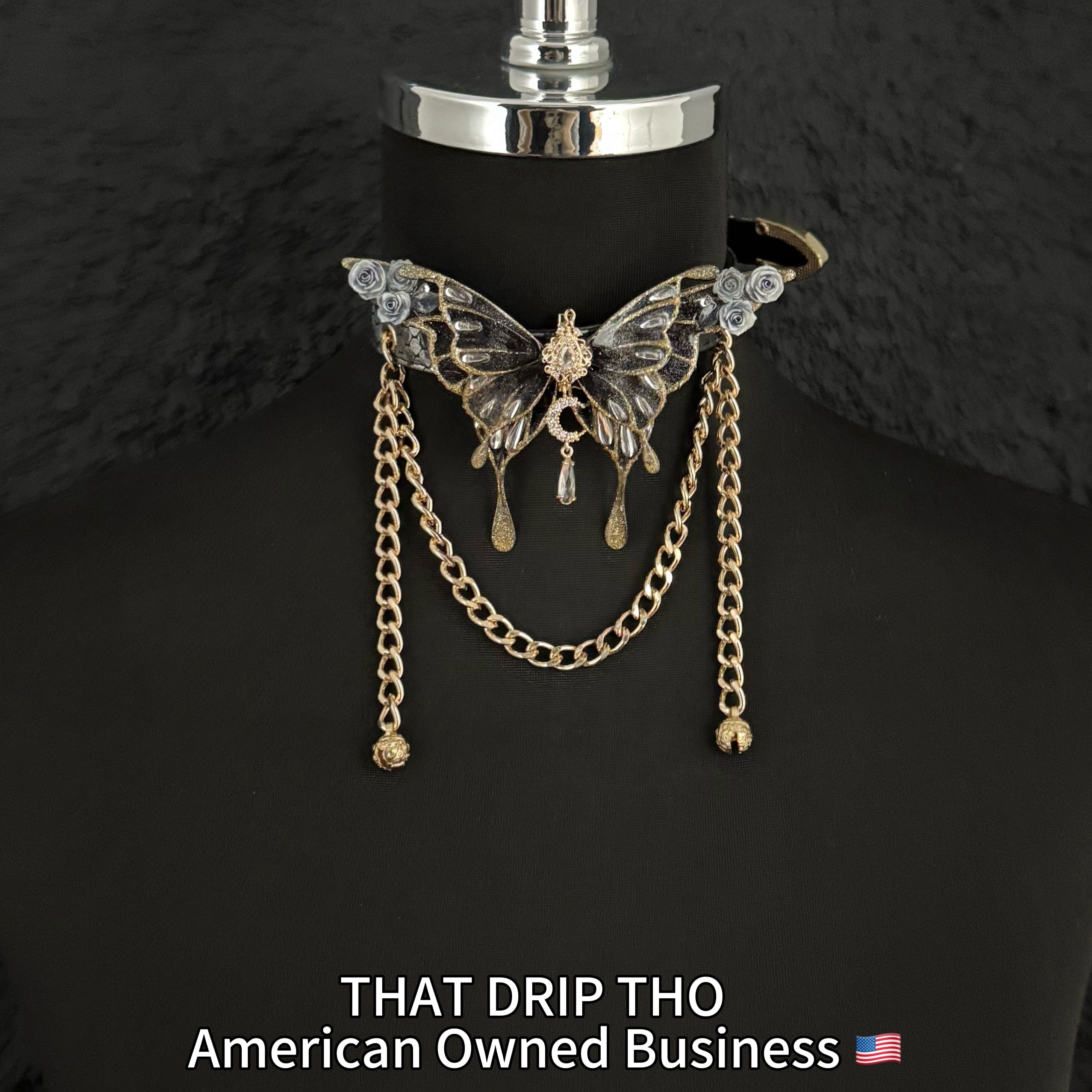 Jingle and Flutter Butterfly Charm Leather Collar with Bells and Matching Chain Leash Set -Black Butterfly & Leash
