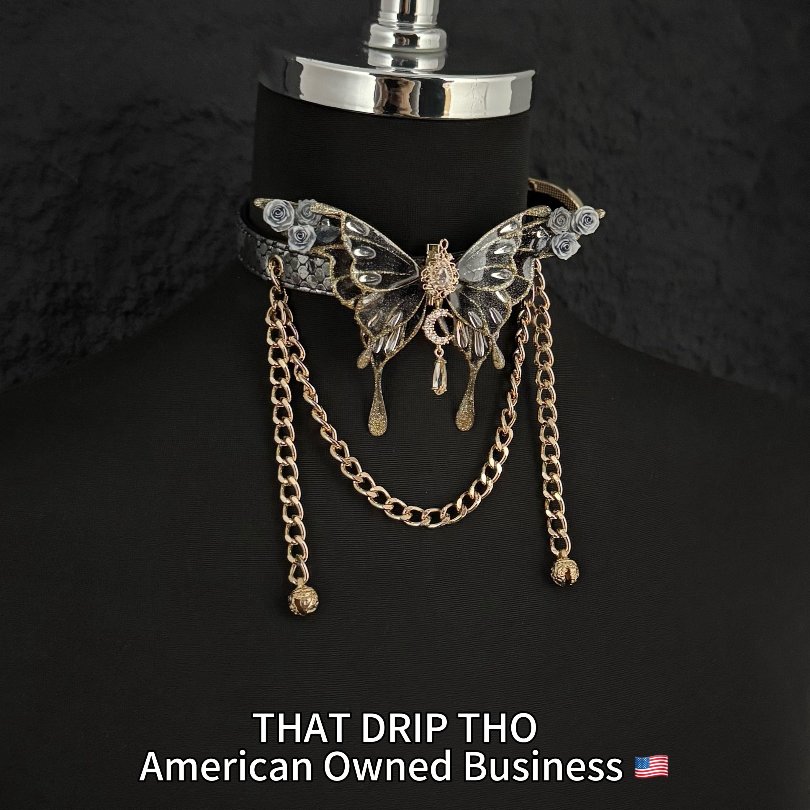 Jingle and Flutter Butterfly Charm Leather Collar with Bells and Matching Chain Leash Set -Black Butterfly & Leash