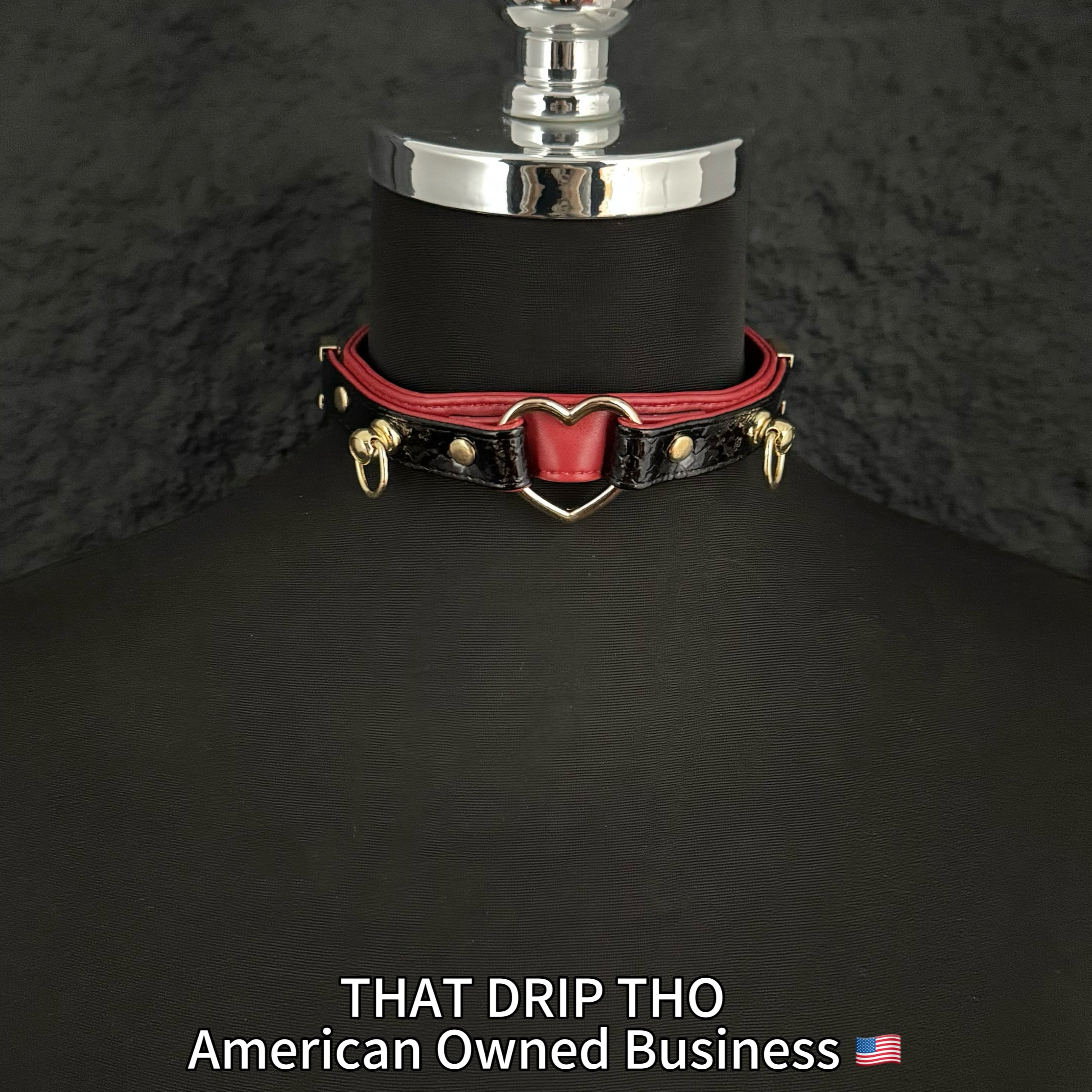 Dark Rose & Black Leather Choker with Heart O-Ring & Matching Leash Set