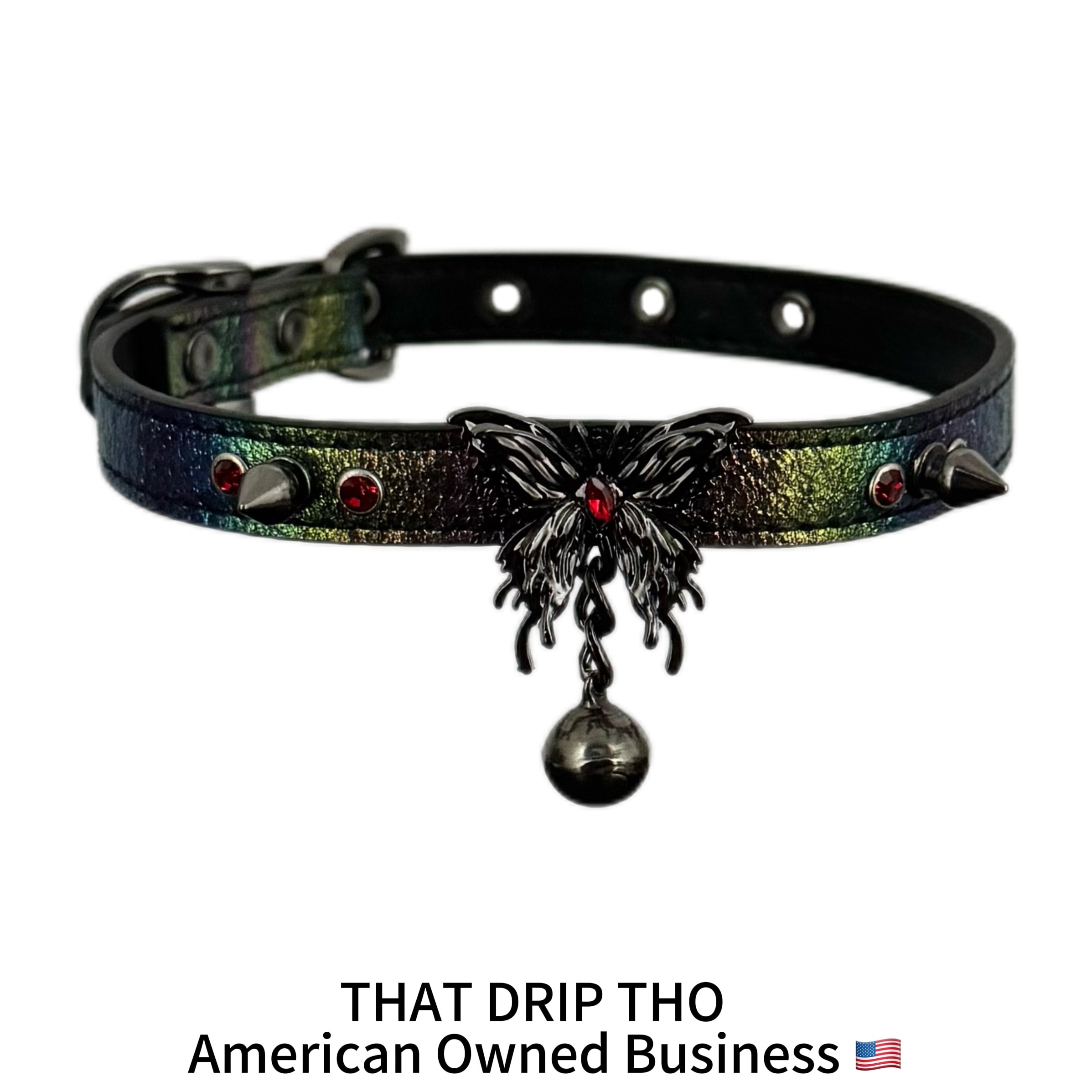 Iridescent Spiked Bondage Set – Leather Collar Choker with Gunmetal Butterfly & Bell, Matching Leash & Cuffs